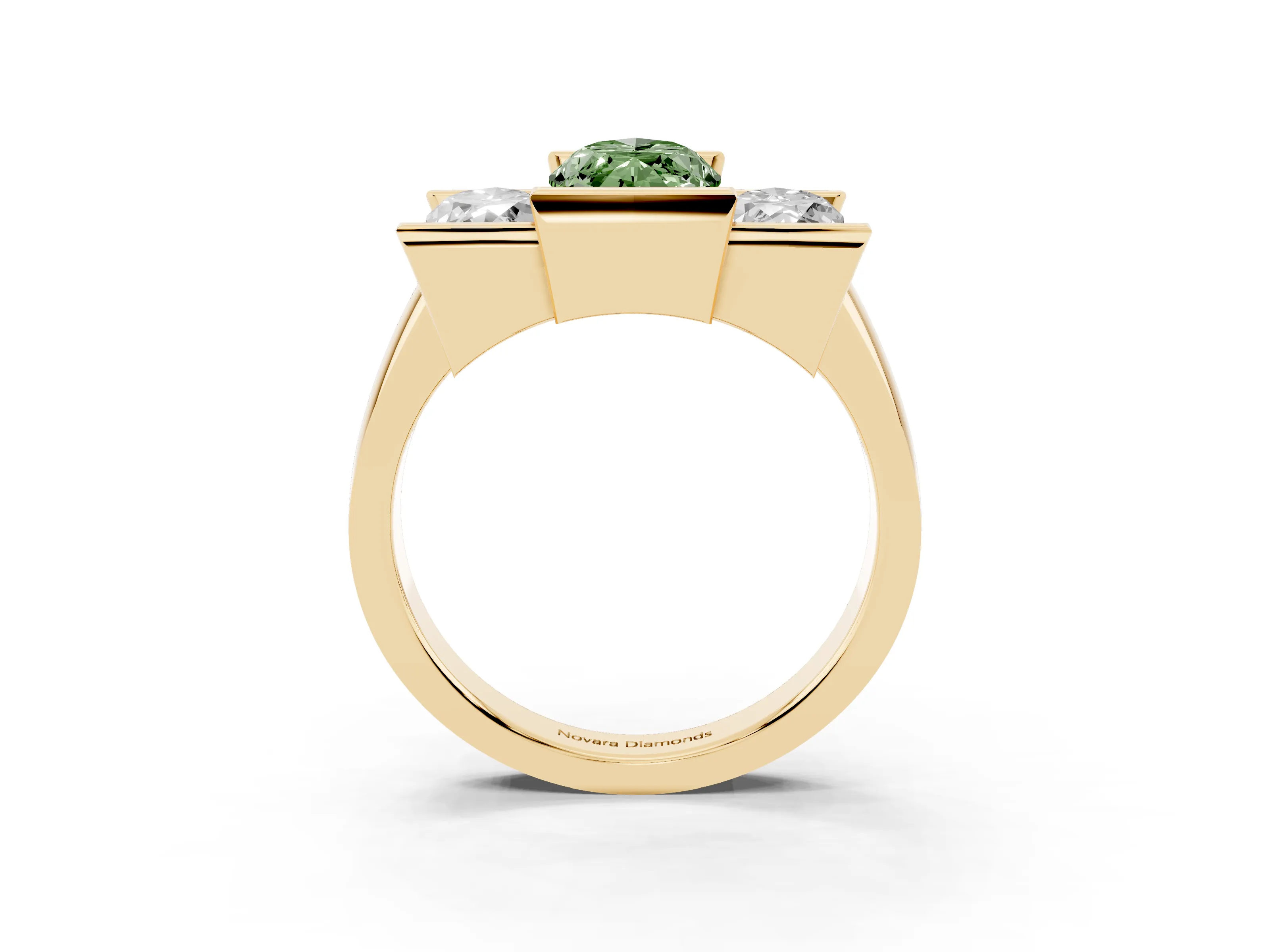Fancy Green Marquise Cut Diamond Three-Stone Channel Set Ring Set in Yellow gold with Smooth Polished Band