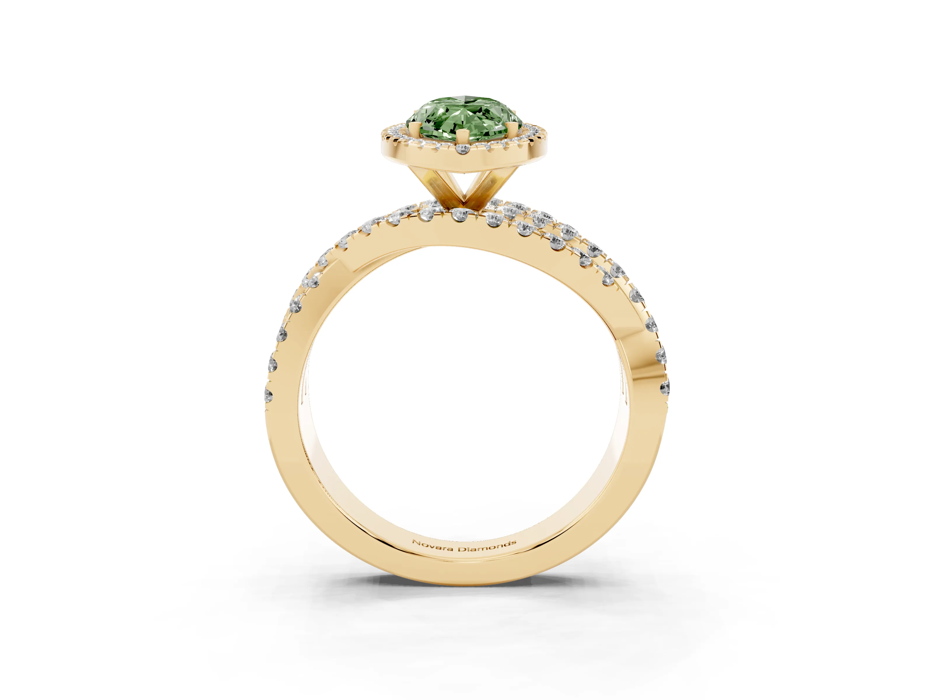 Fancy Green Marquise Cut Diamond Halo Ring Set in Yellow gold with Round Crossover Split Shank and Prong Setting