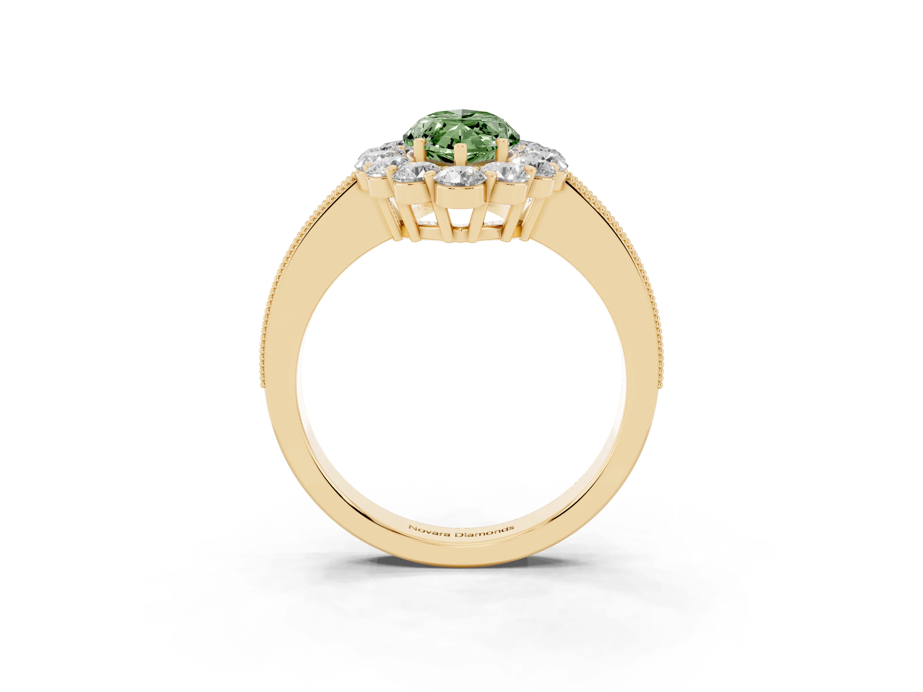 Fancy Green Marquise Cut Diamond Halo Pavé Engagement Ring Set in Yellow gold with Milgrain Detailing