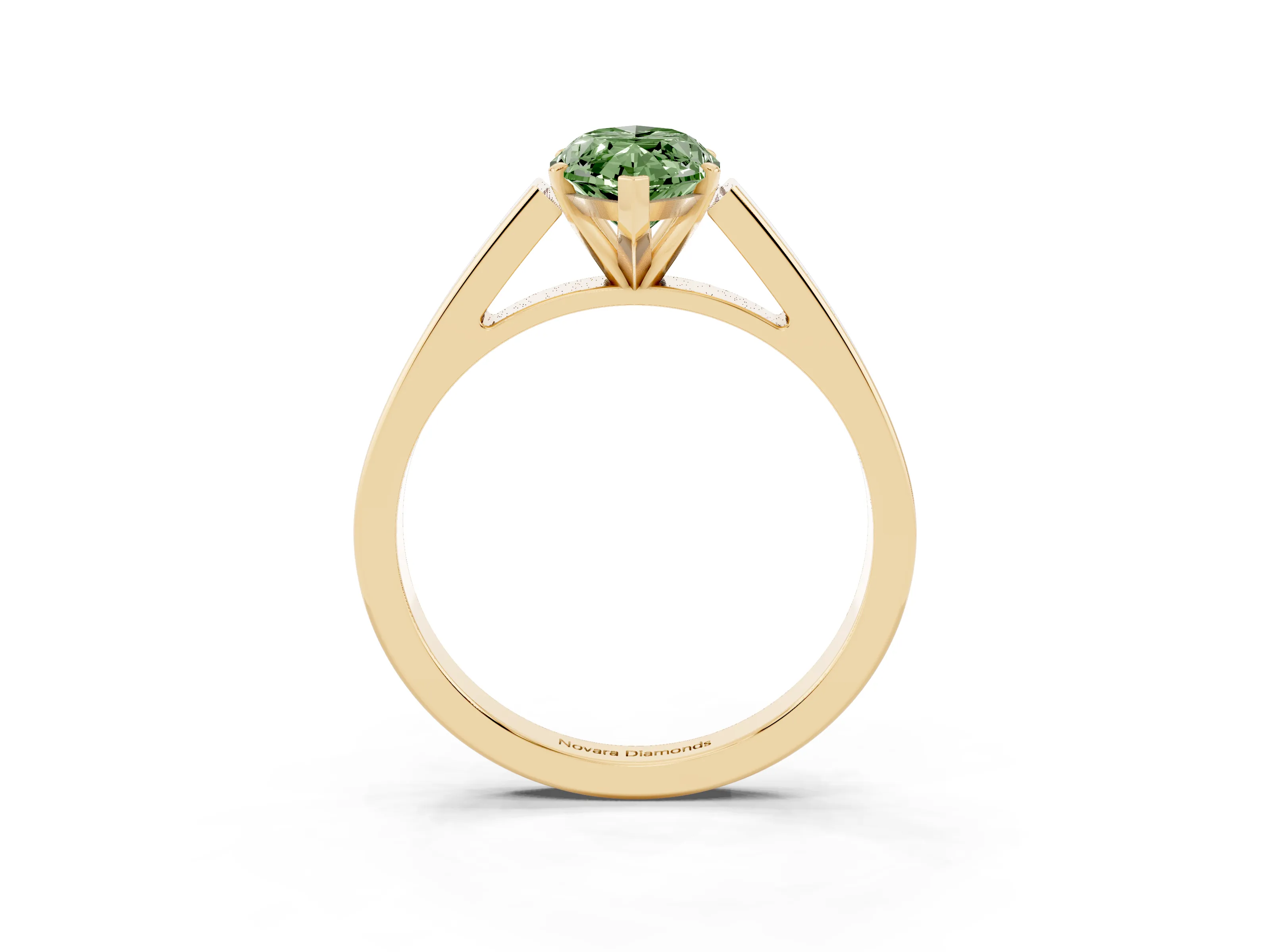 Fancy Green Marquise Cut Diamond Solitaire Engagement Ring Set in Yellow gold with Prong Setting and Tapered Band