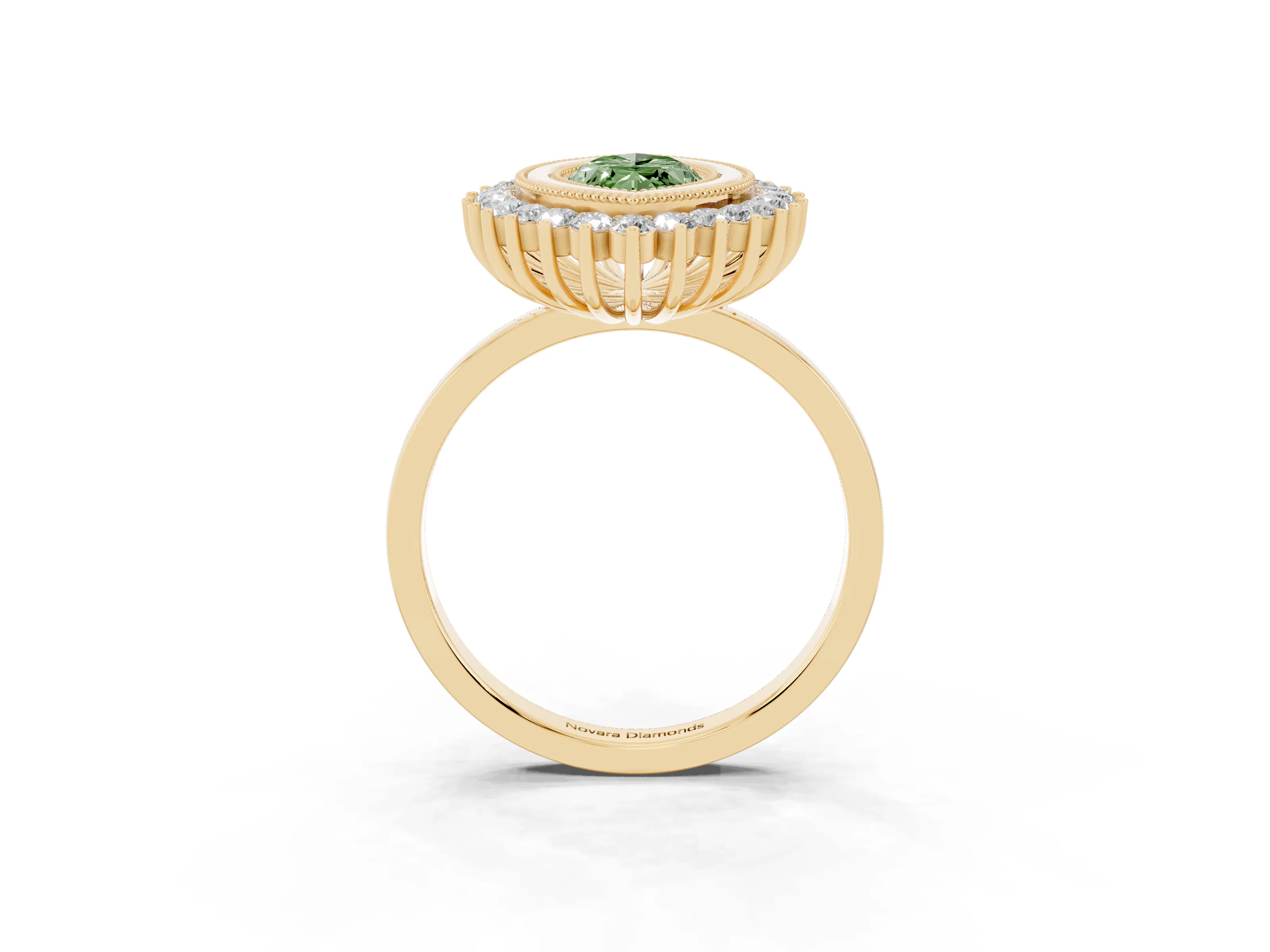 Fancy Green Marquise Cut Diamond Halo Ring Set in Yellow gold with Milgrain Edge and Round Prong Setting