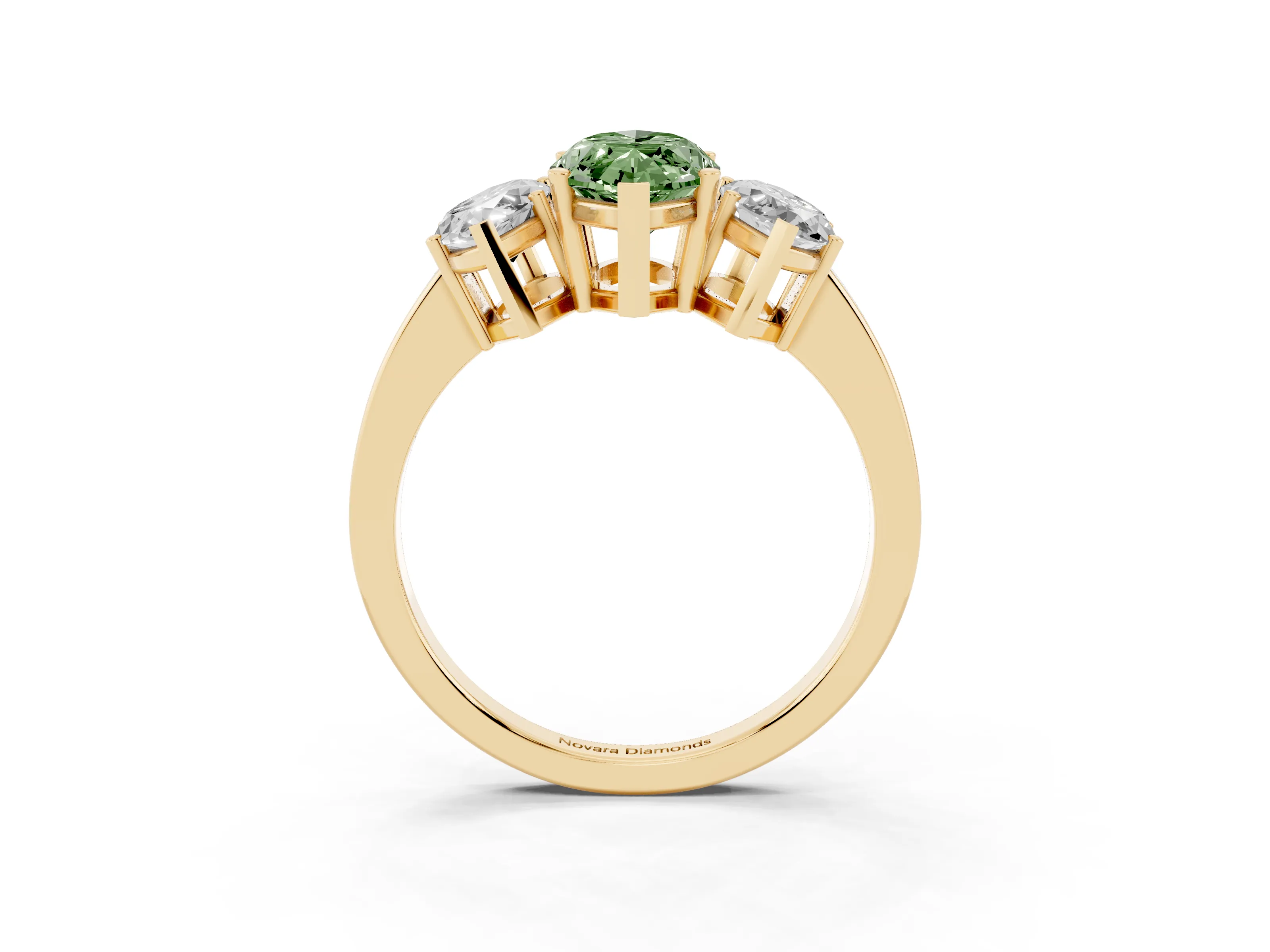 Fancy Green Marquise Cut Diamond Three-Stone Engagement Ring Set in Yellow gold with Flat Band