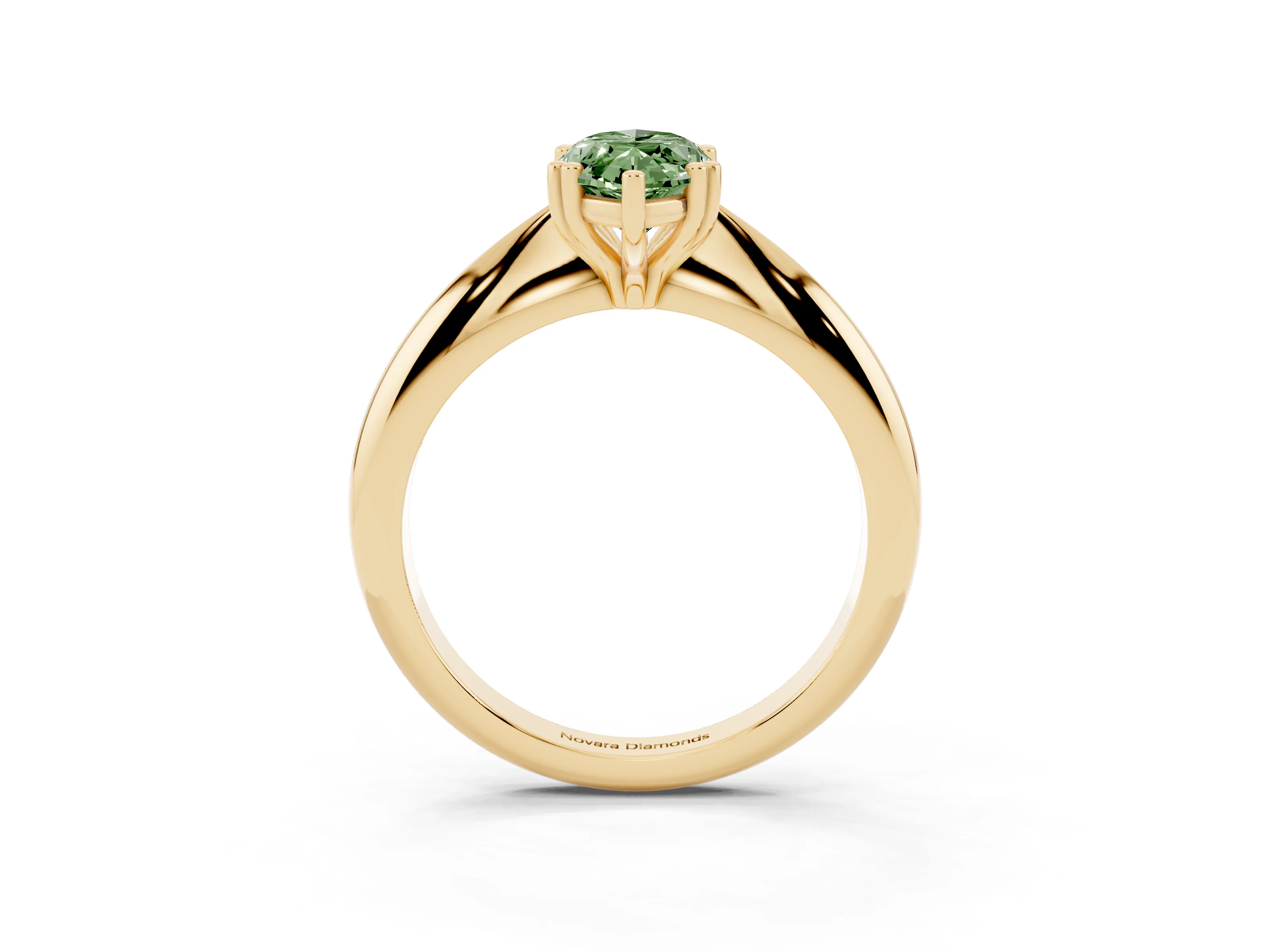 Fancy Green Marquise Cut Diamond Solitaire Engagement Ring Set in Yellow gold with Tapered Band and Prong Setting