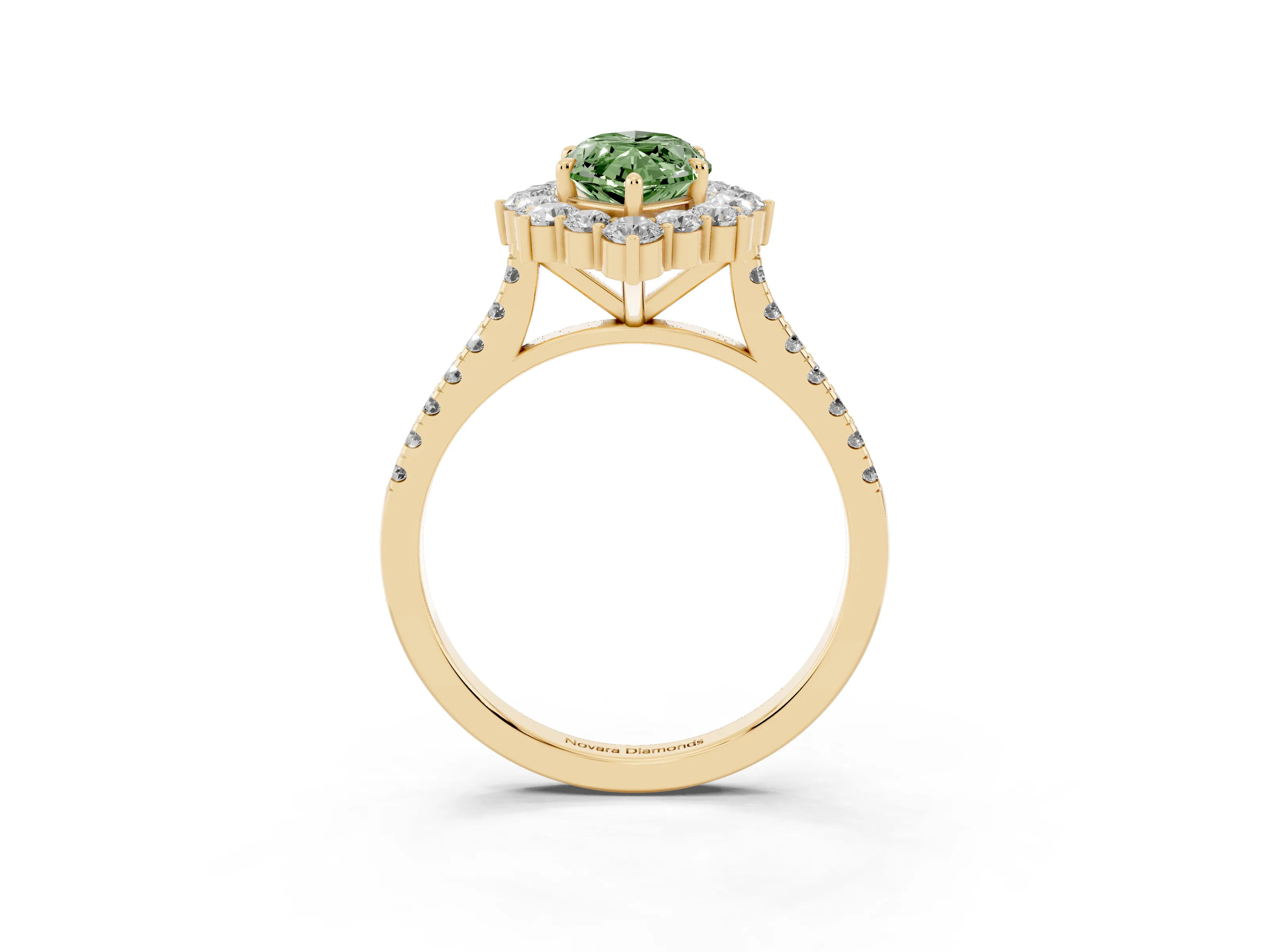 Fancy Green Marquise Cut Diamond Halo Ring Set in Yellow gold with Pavé Band and Prong Setting