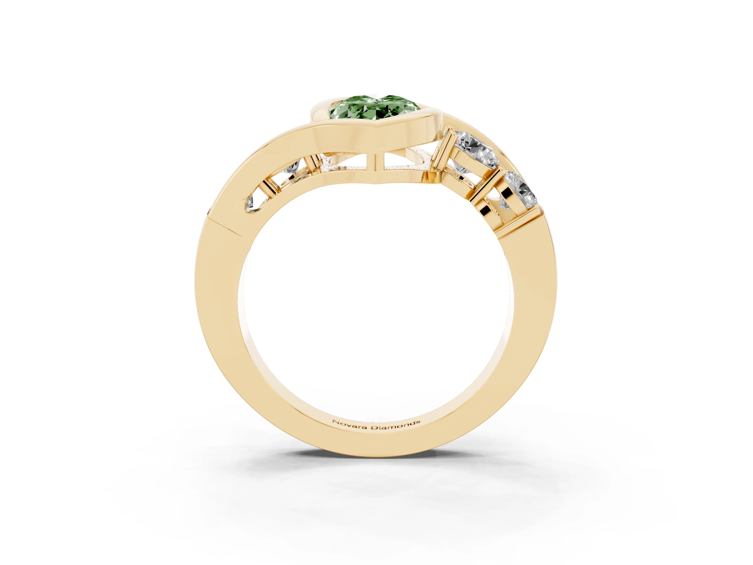 Fancy Green Marquise Cut Diamond Bezel Bypass Ring Set in Yellow gold with Round Accents
