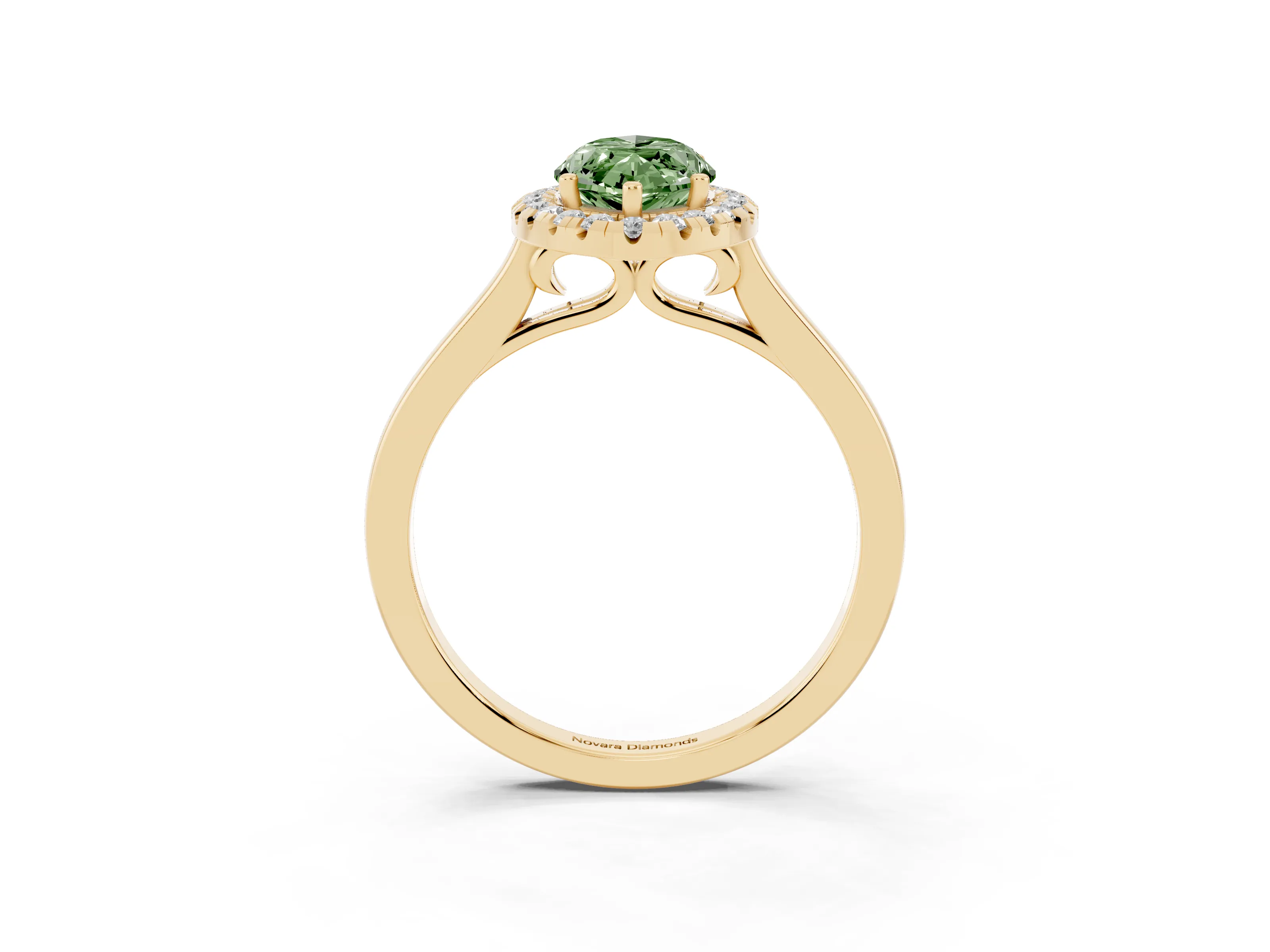Fancy Green Marquise Cut Halo Round Diamond Solitaire Ring Set in Yellow gold with Pavé Band and Prong Setting