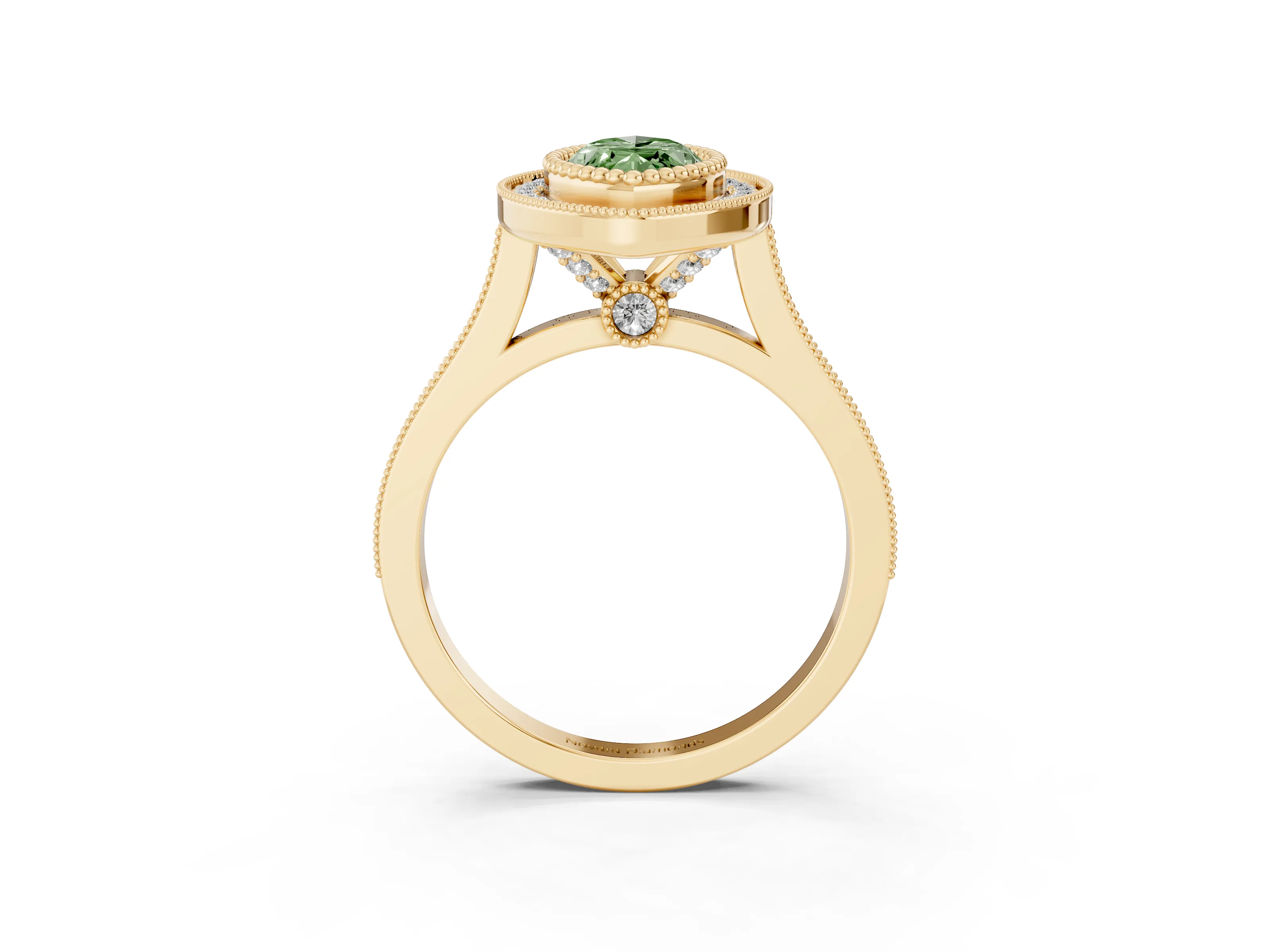 Fancy Green Marquise Cut Diamond Halo Ring Set in Yellow gold with Milgrain Frame and Pavé Band