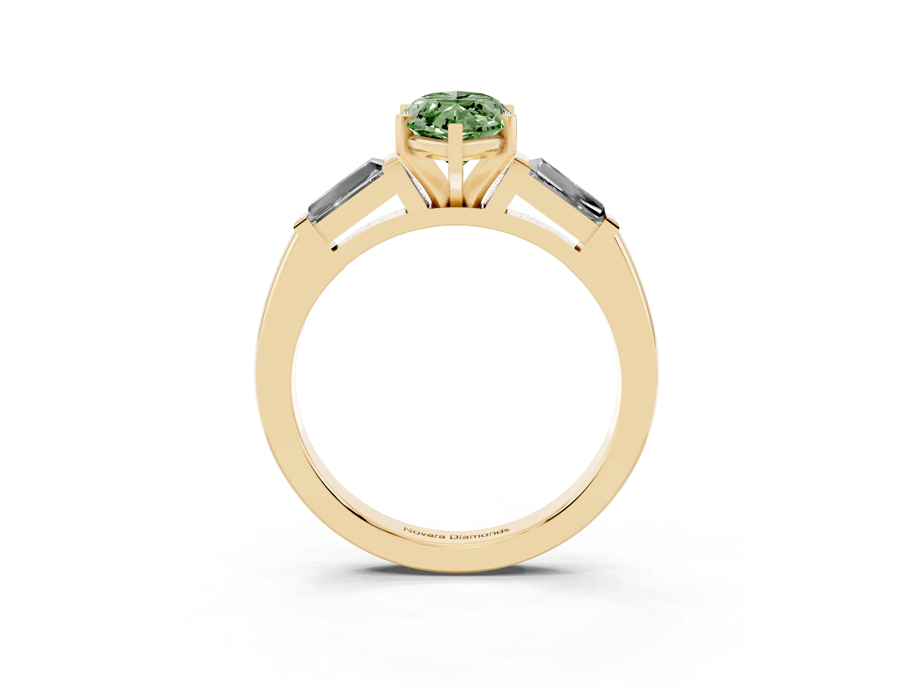 Fancy Green Marquise Cut Diamond Solitaire Ring Set in Yellow gold with Tapered Baguette Side Stones and Prong Setting