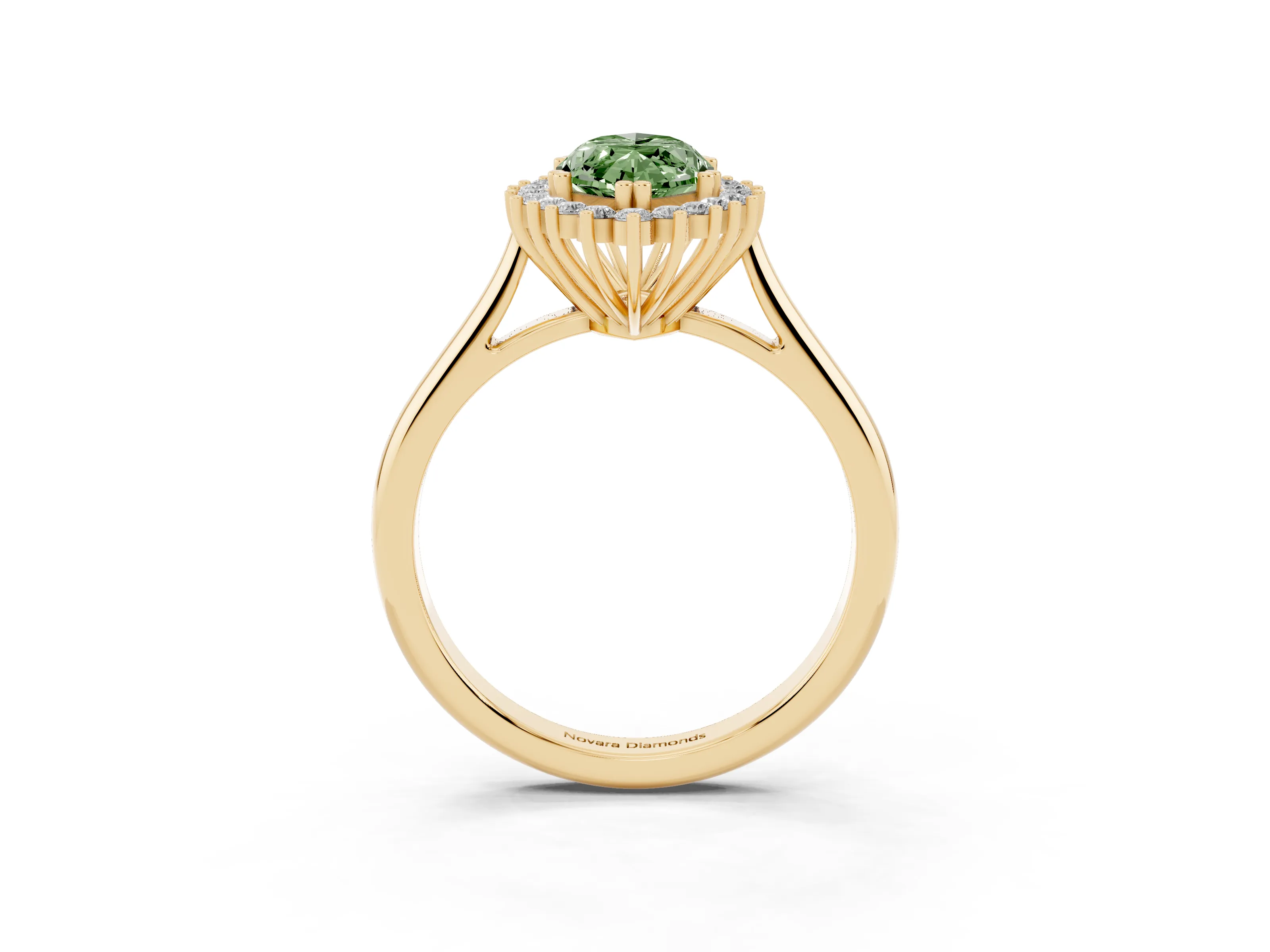 Fancy Green Marquise Cut Diamond Halo Ring Set in Yellow gold with Plain Solitaire Band and Prong Setting