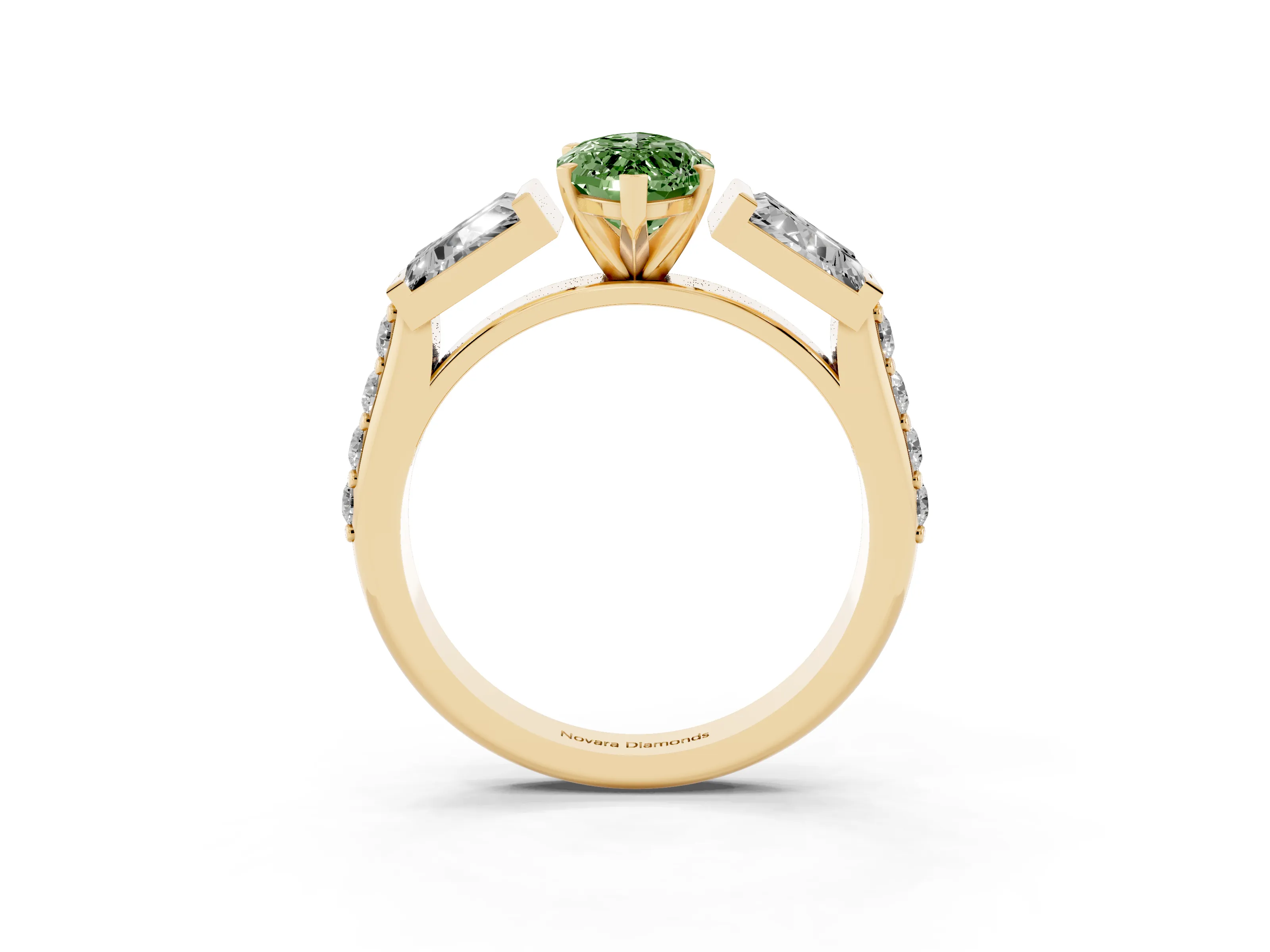 Fancy Green Marquise Cut Diamond Engagement Ring Set in Yellow gold with Baguette Side Stones and Channel Set Band