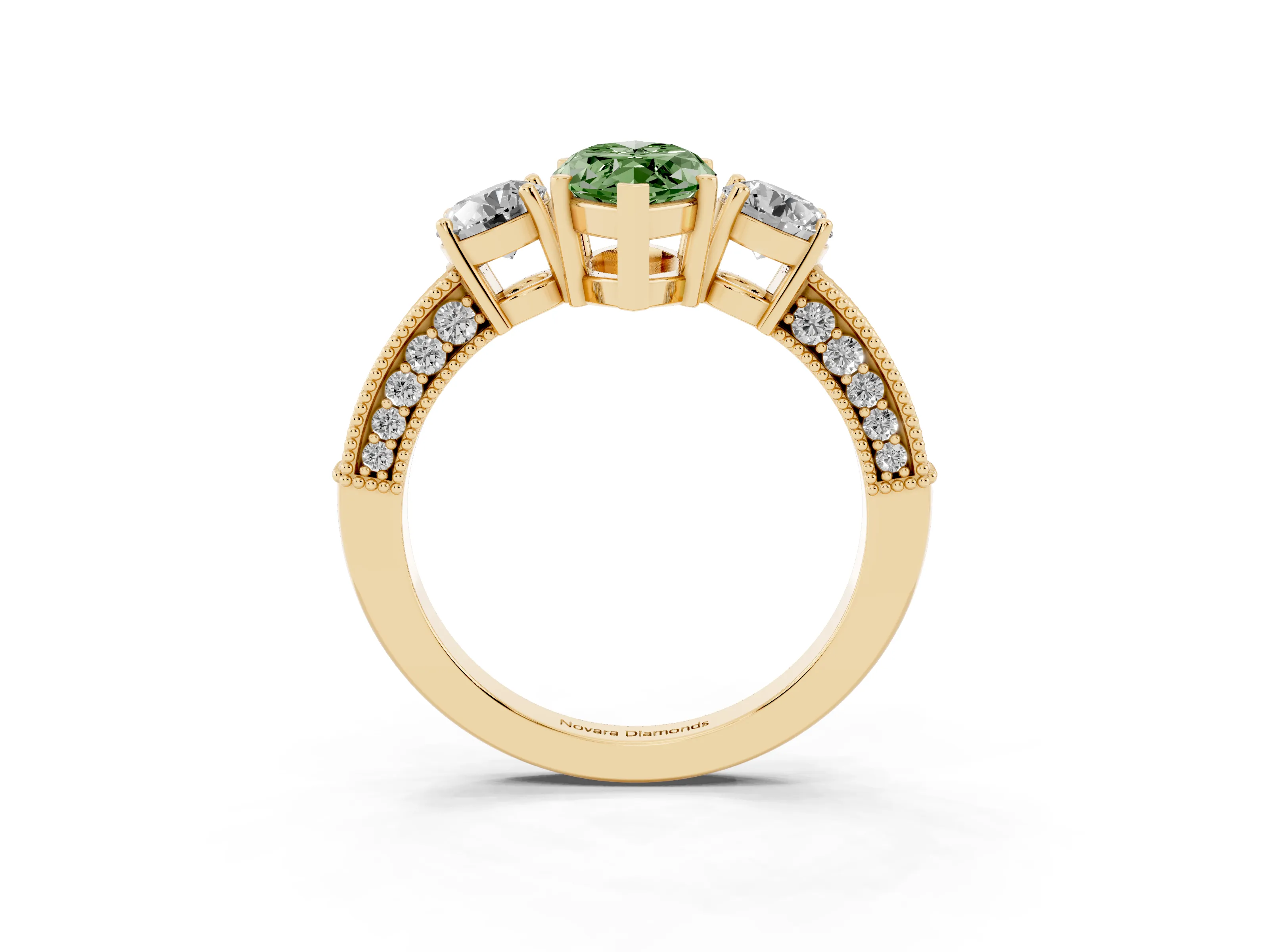 Fancy Green Marquise Cut Diamond Three-Stone Ring Set in Yellow gold with Round Side Stones and Pavé Band