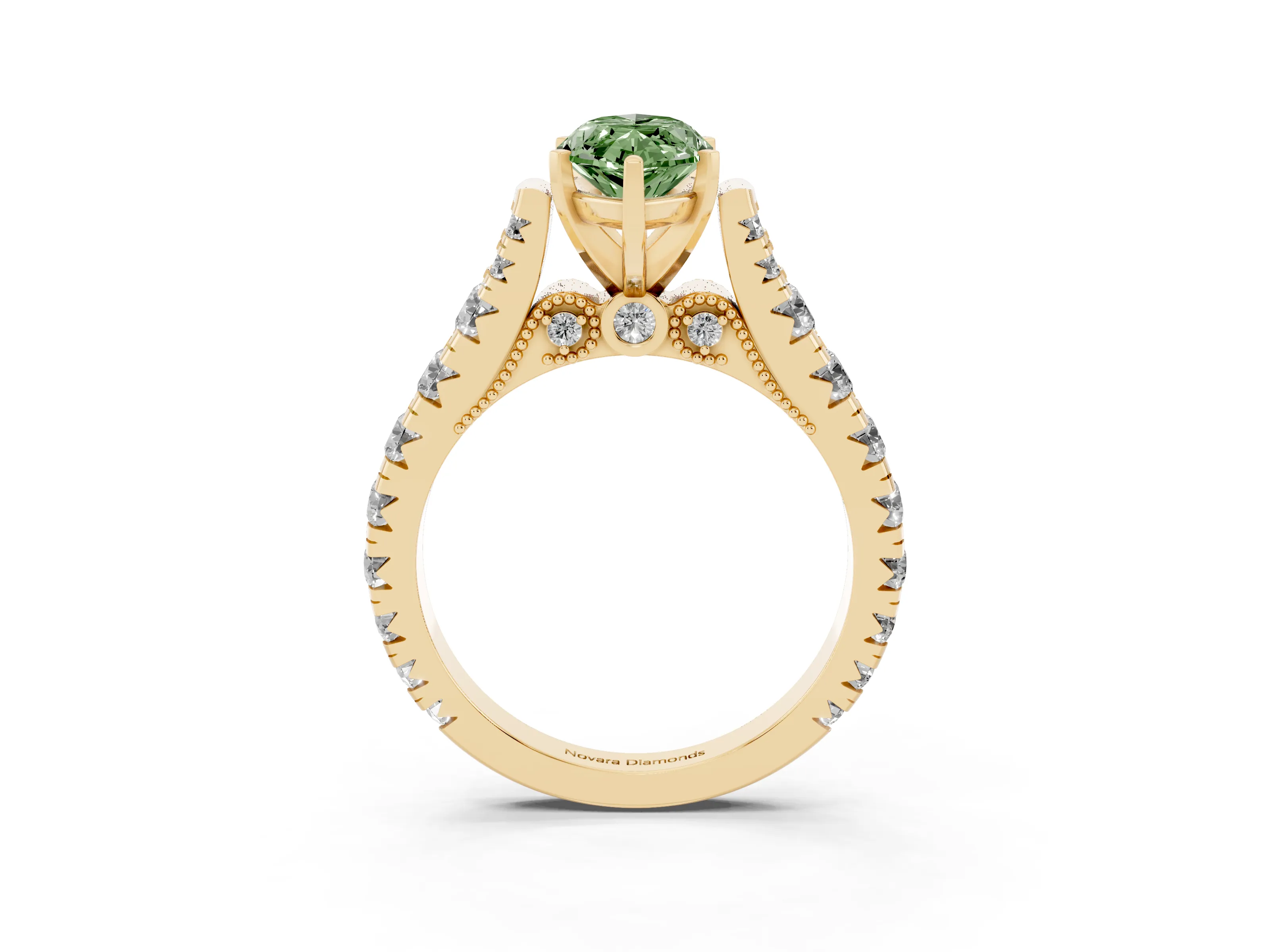 Fancy Green Marquise Cut Diamond Classic Solitaire Ring Set in Yellow gold with Pavé Band and Prong Setting