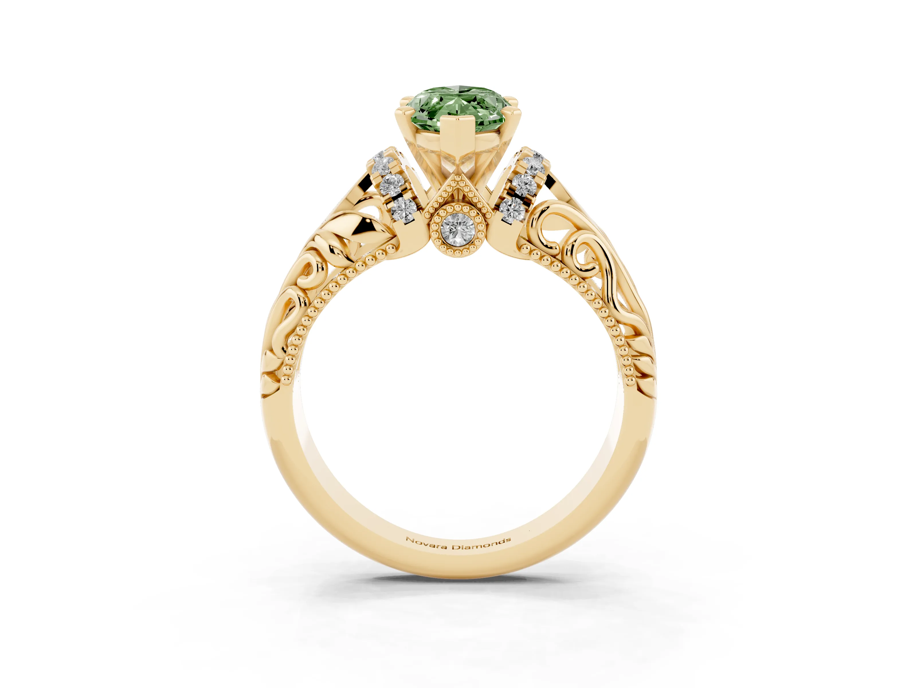 Fancy Green Marquise Cut Diamond Filigree Halo Engagement Ring Set in Yellow gold with Prong Setting