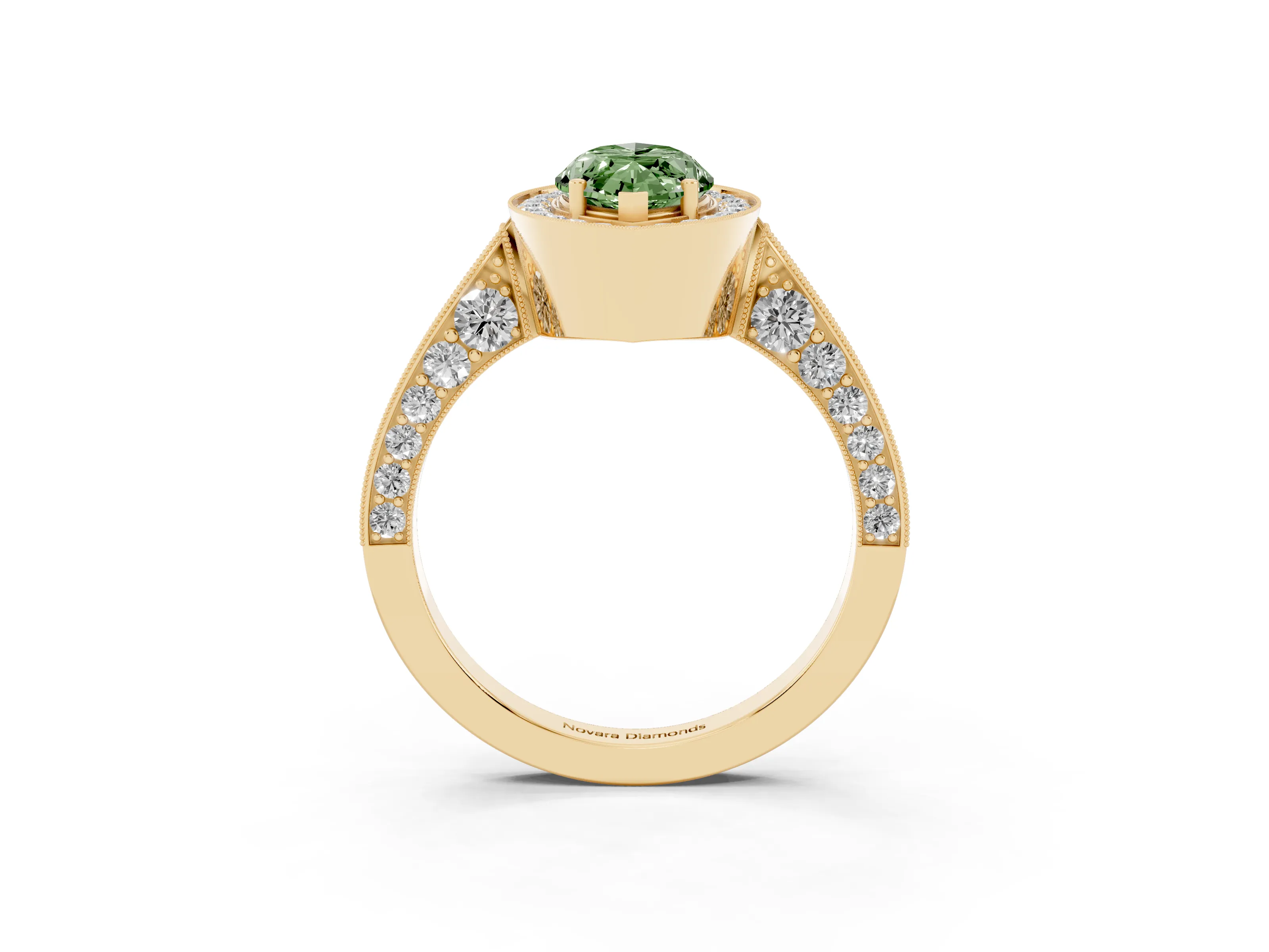 Fancy Green Marquise Cut Diamond Halo Engagement Ring Set in Yellow gold with Accent Split Shank Band