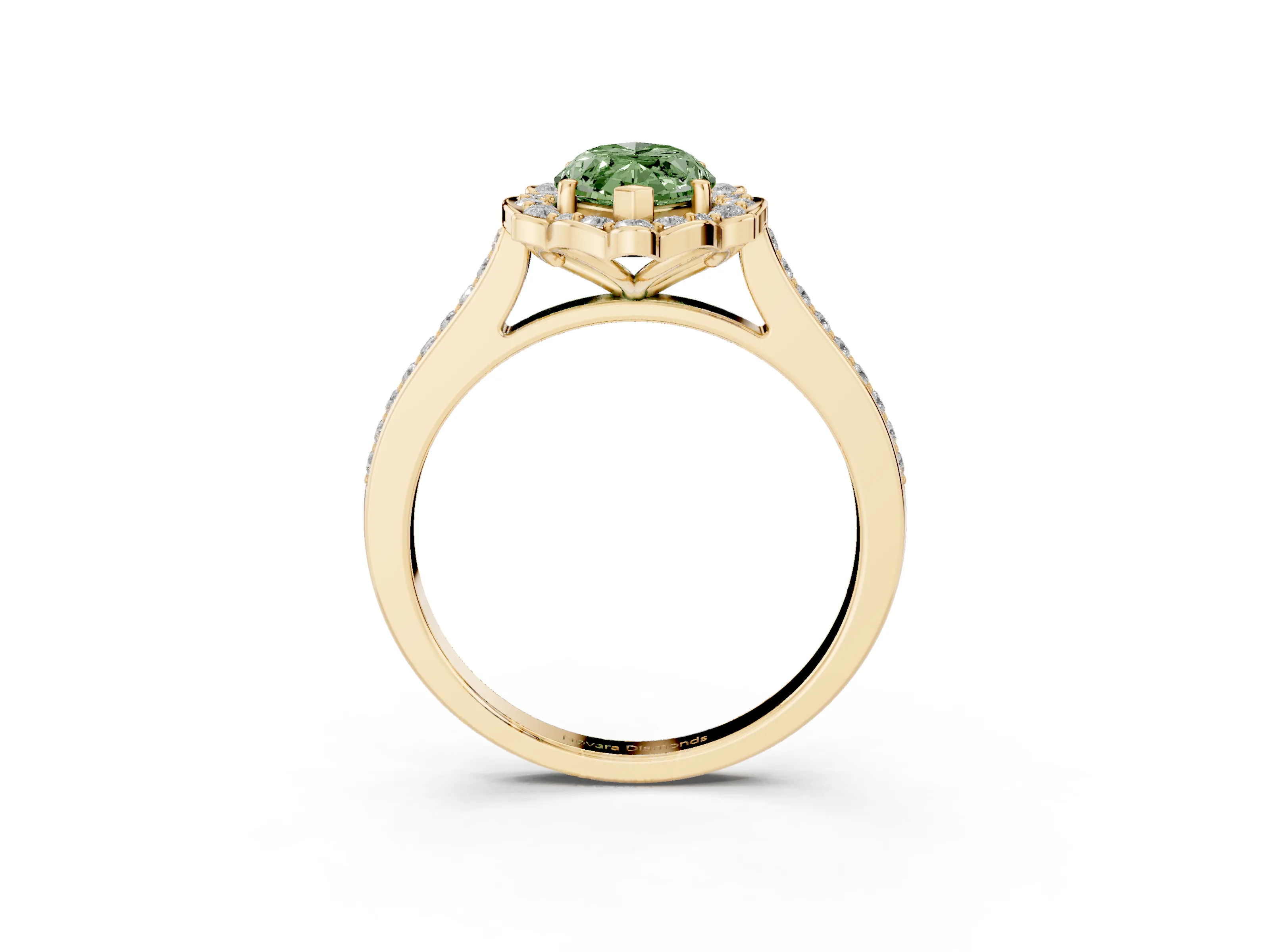Fancy Green Marquise Cut Diamond Halo Ring Set in Yellow gold with Pavé-Lined Shoulders and Prong Setting