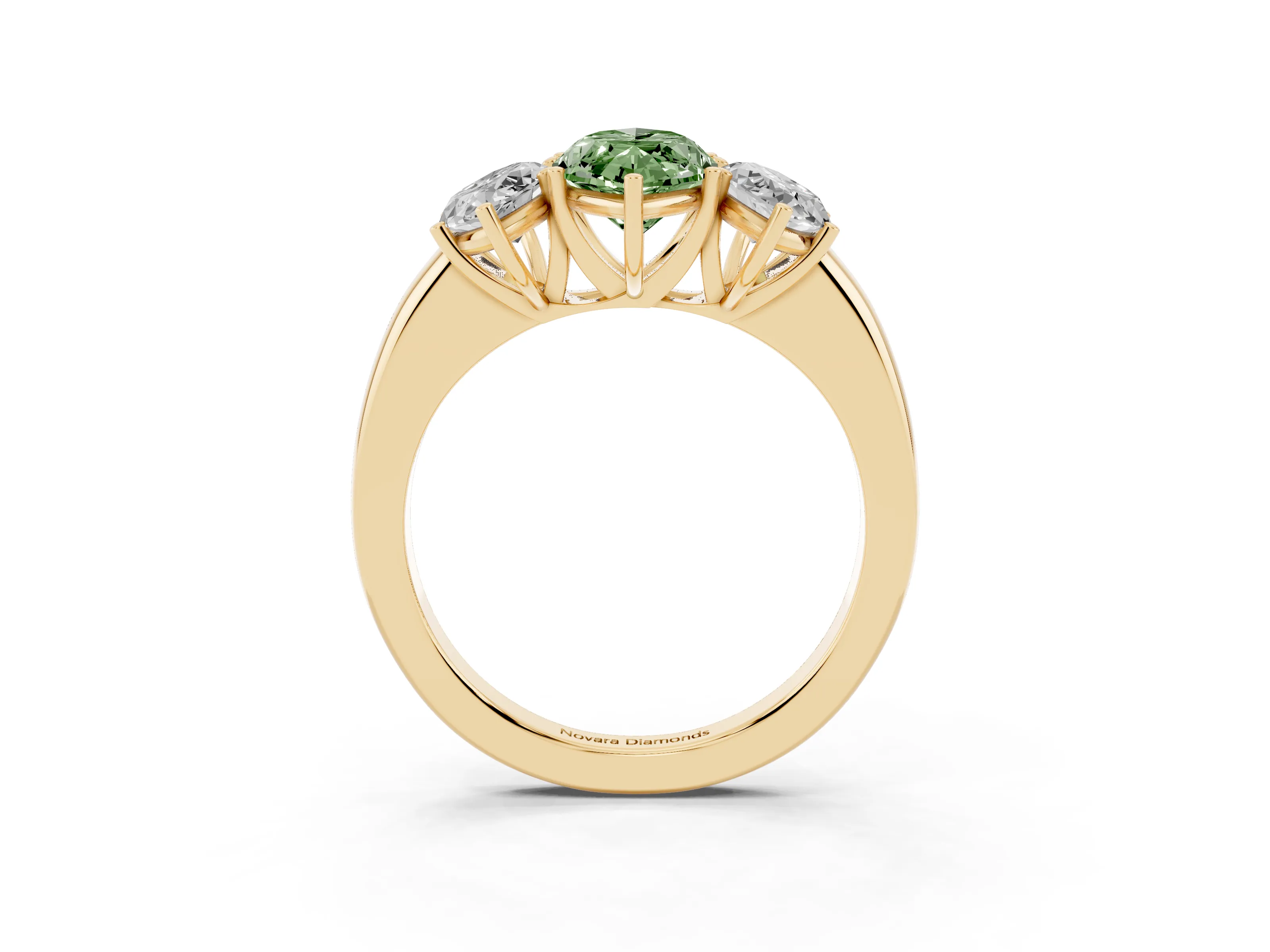 Fancy Green Marquise Cut Diamond Three-Stone Ring Set in Yellow gold with Bold Center and Classic Band