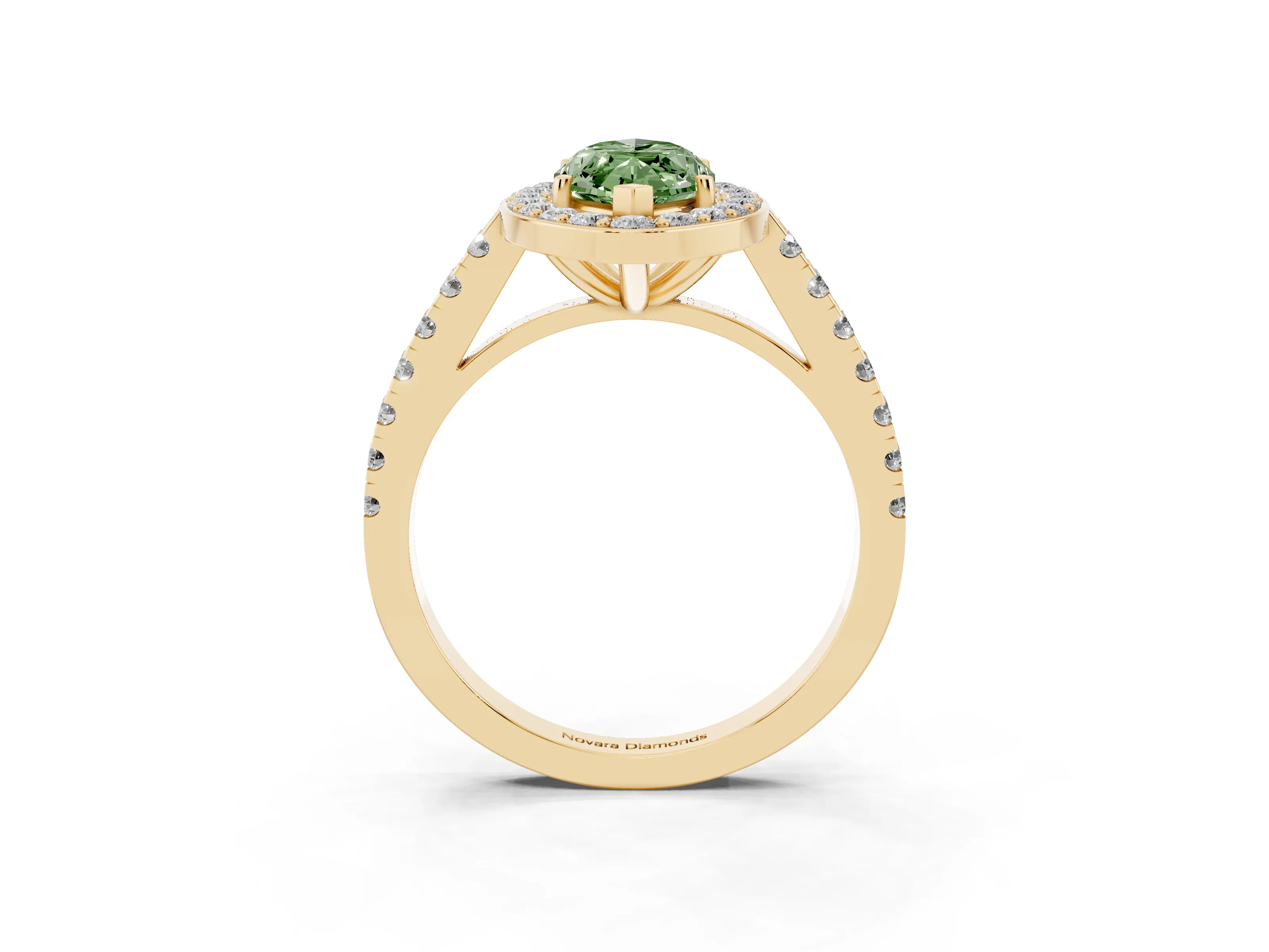 Fancy Green Marquise Cut Diamond Halo Ring Set in Yellow gold with Round Pavé Split Shank and Prong Setting
