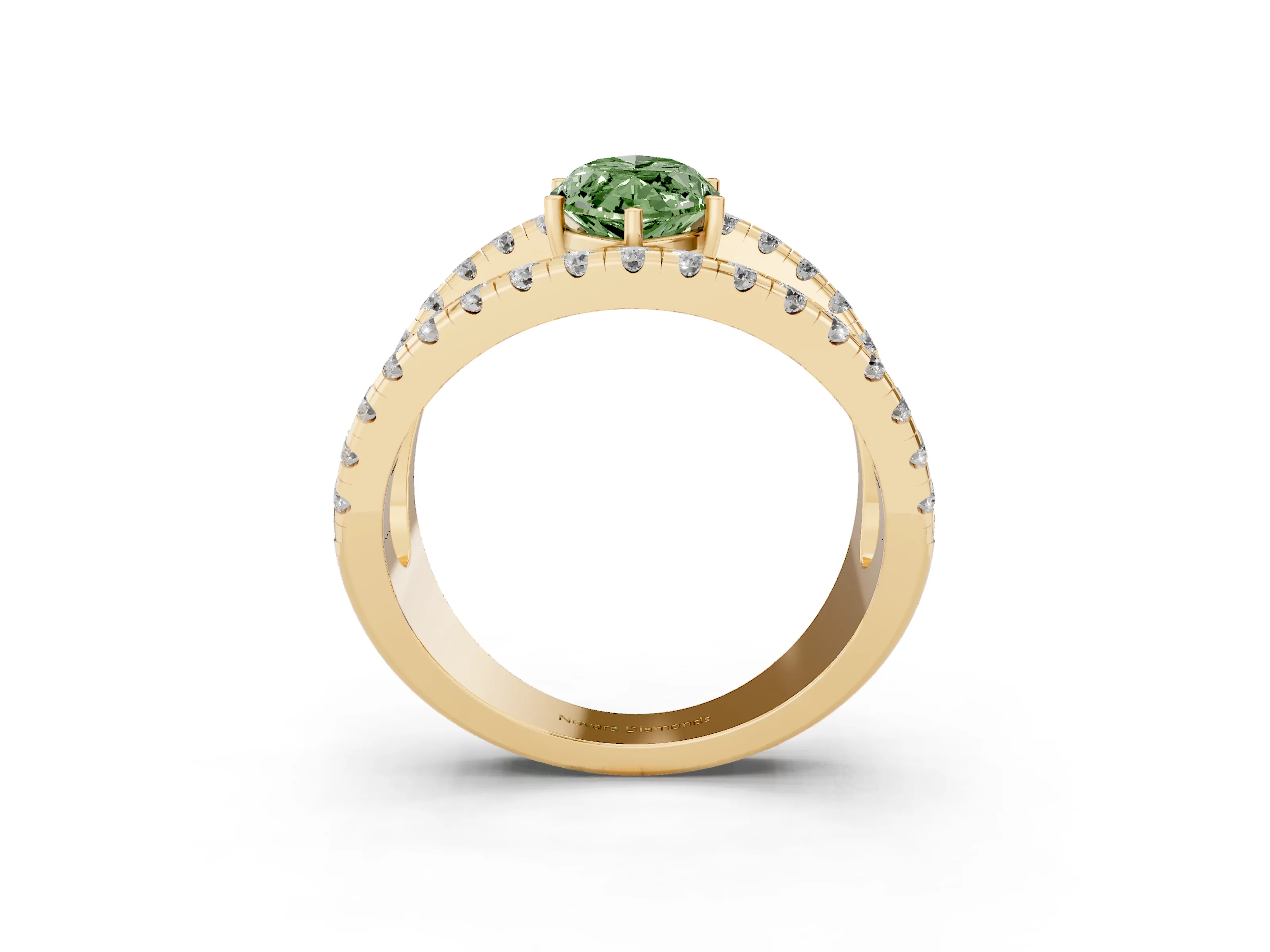Fancy Green Marquise Cut Diamond Split Shank Pavé Solitaire Ring Set in Yellow gold with Open Shank Design