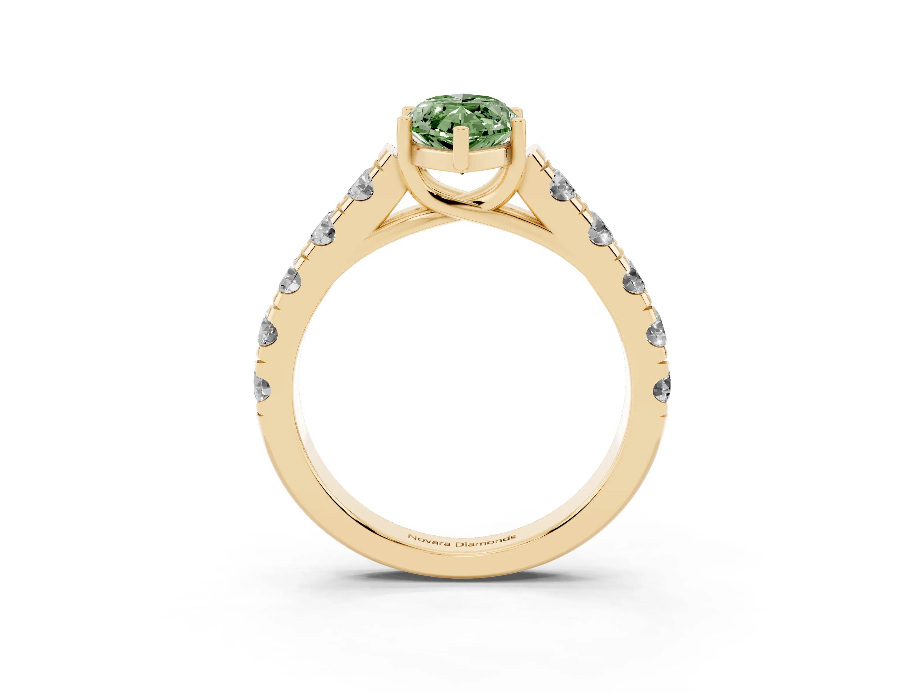 Fancy Green Marquise Cut Diamond Solitaire Ring Set in Yellow gold with Cut-Down Micro Pavé Band and Prong Setting