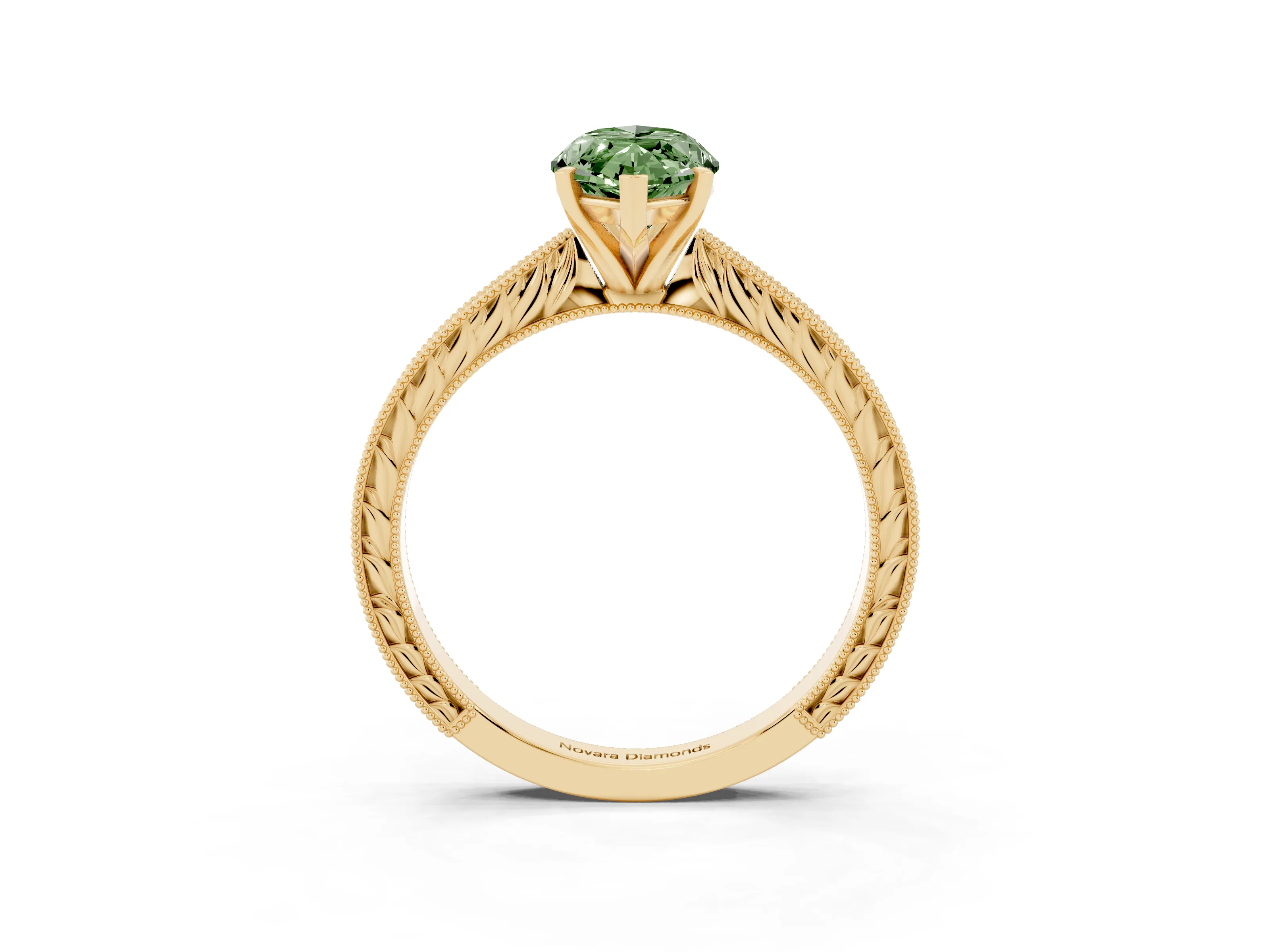 Fancy Green Marquise Cut Diamond Solitaire Milgrain Engraved Band Set in Yellow gold with Prong Setting