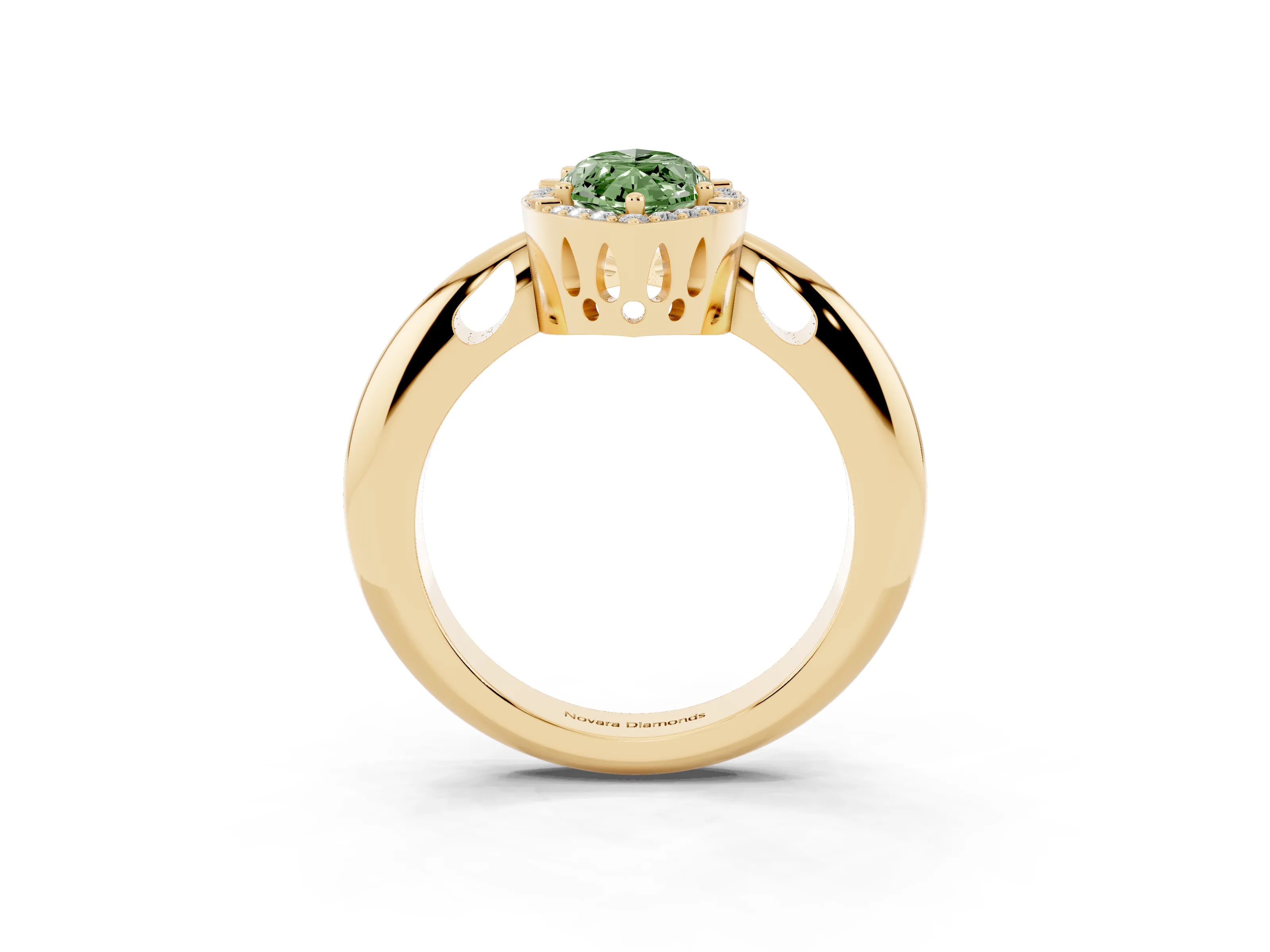 Fancy Green Marquise Cut Diamond Halo Engagement Ring Set in Yellow gold with Plain Split Shank and Prong Setting