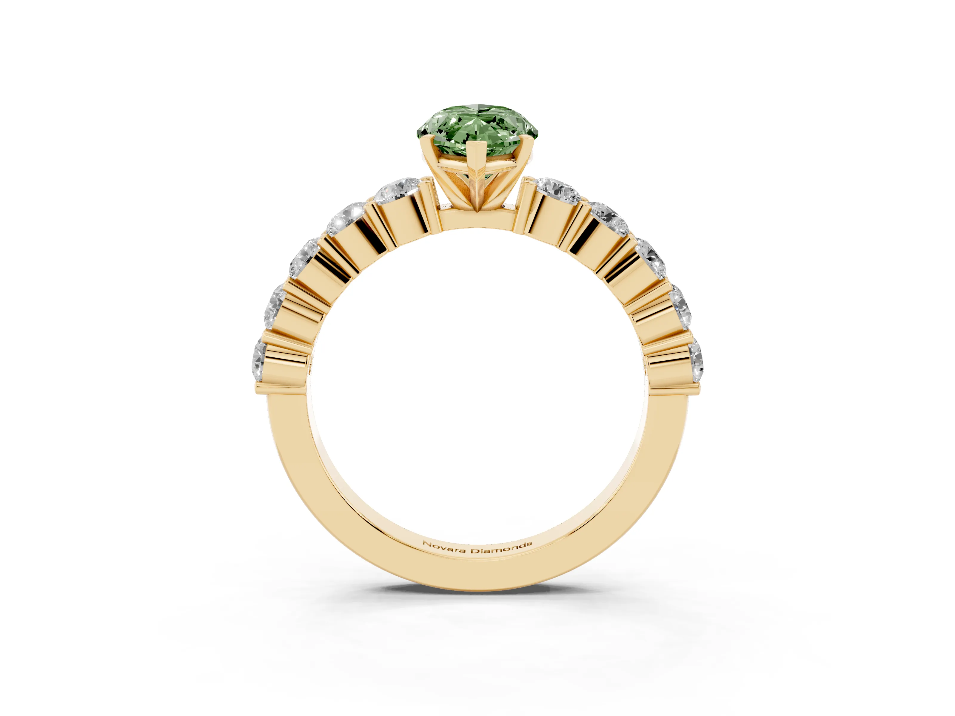 Fancy Green Marquise Cut Diamond Solitaire Ring Set in Yellow gold with Shared Prong Round Side Stones