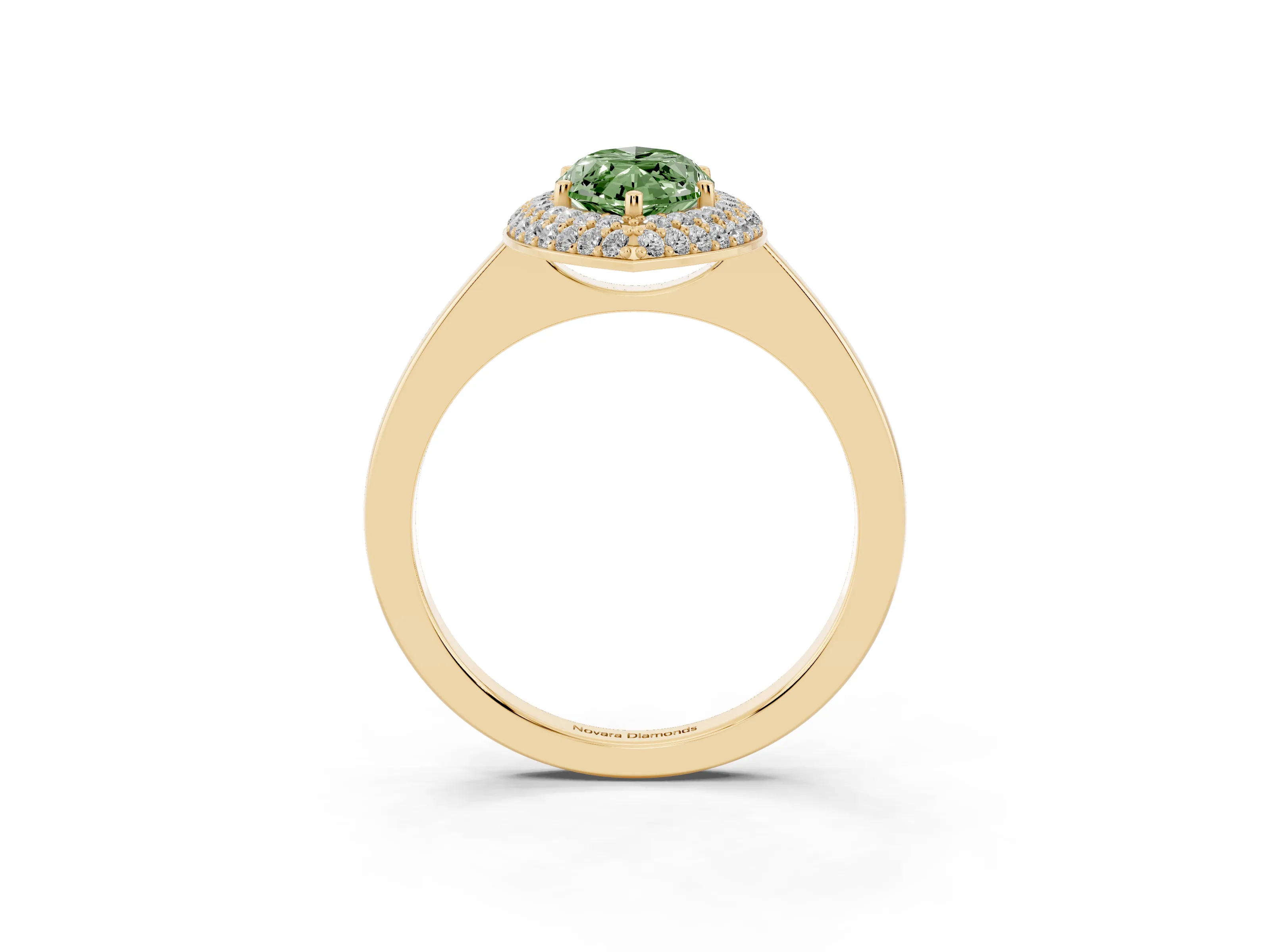 Fancy Green Marquise Cut Diamond Halo Engagement Ring Set in Yellow gold with Solitaire Band and Prong Setting