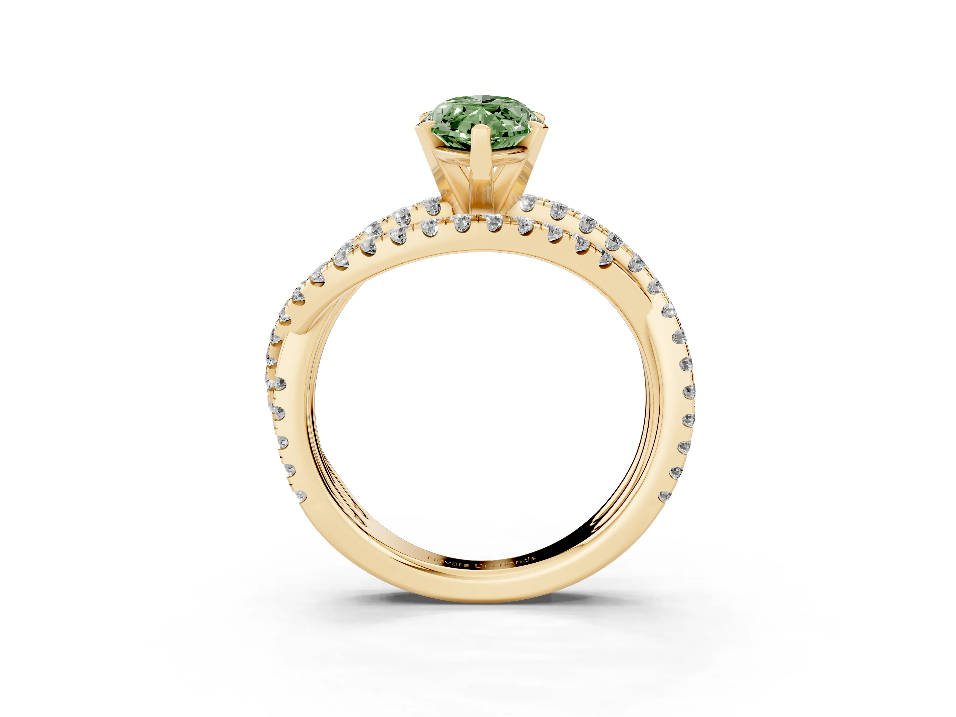 Fancy Green Marquise Cut Diamond Solitaire Twist Band Ring Set in Yellow gold with Pavé Setting and Prong Head