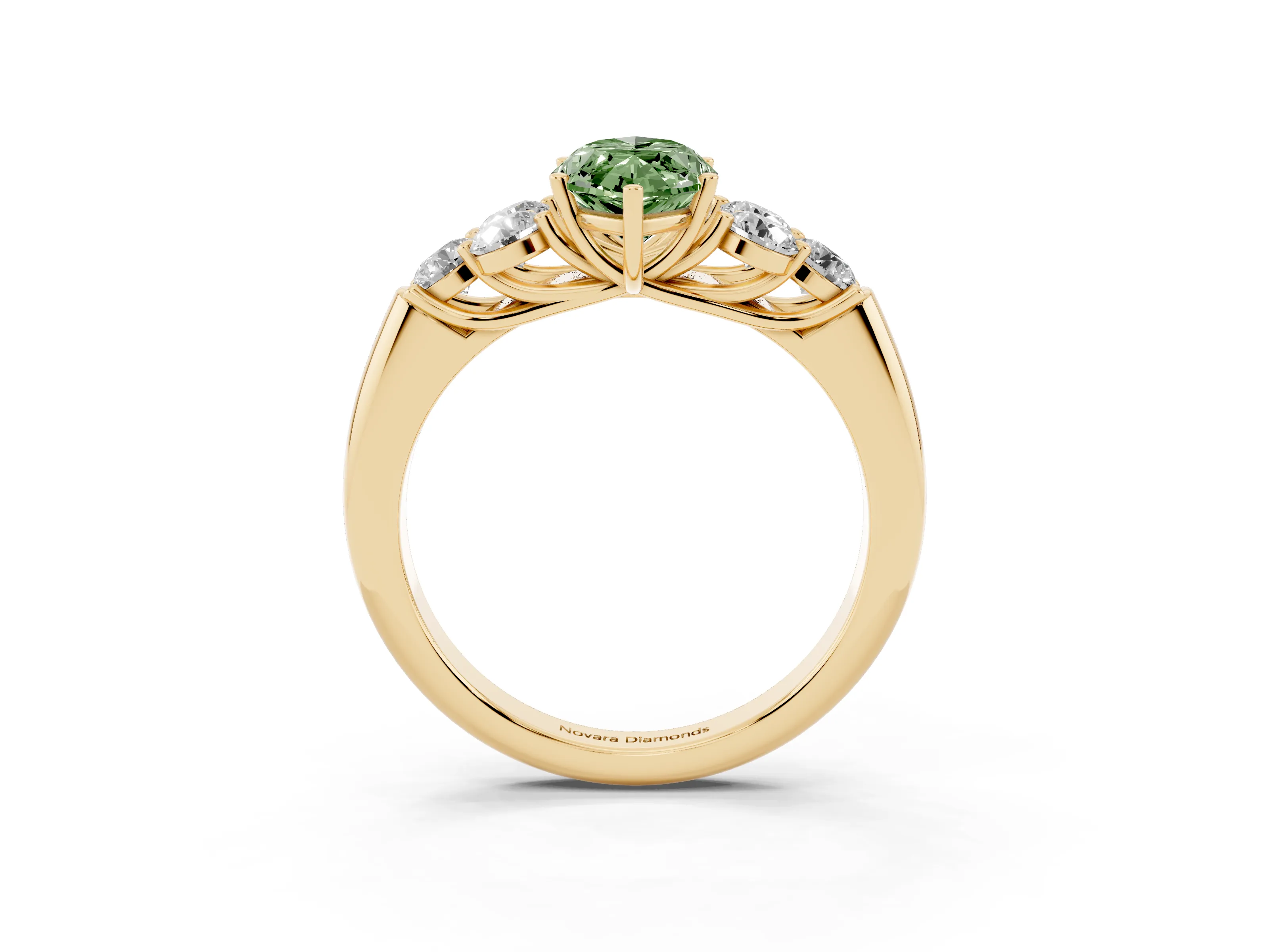 Fancy Green Marquise Cut Diamond Cluster Ring Set in Yellow gold with Round Accent Stones and Prong Setting on a Plain Band