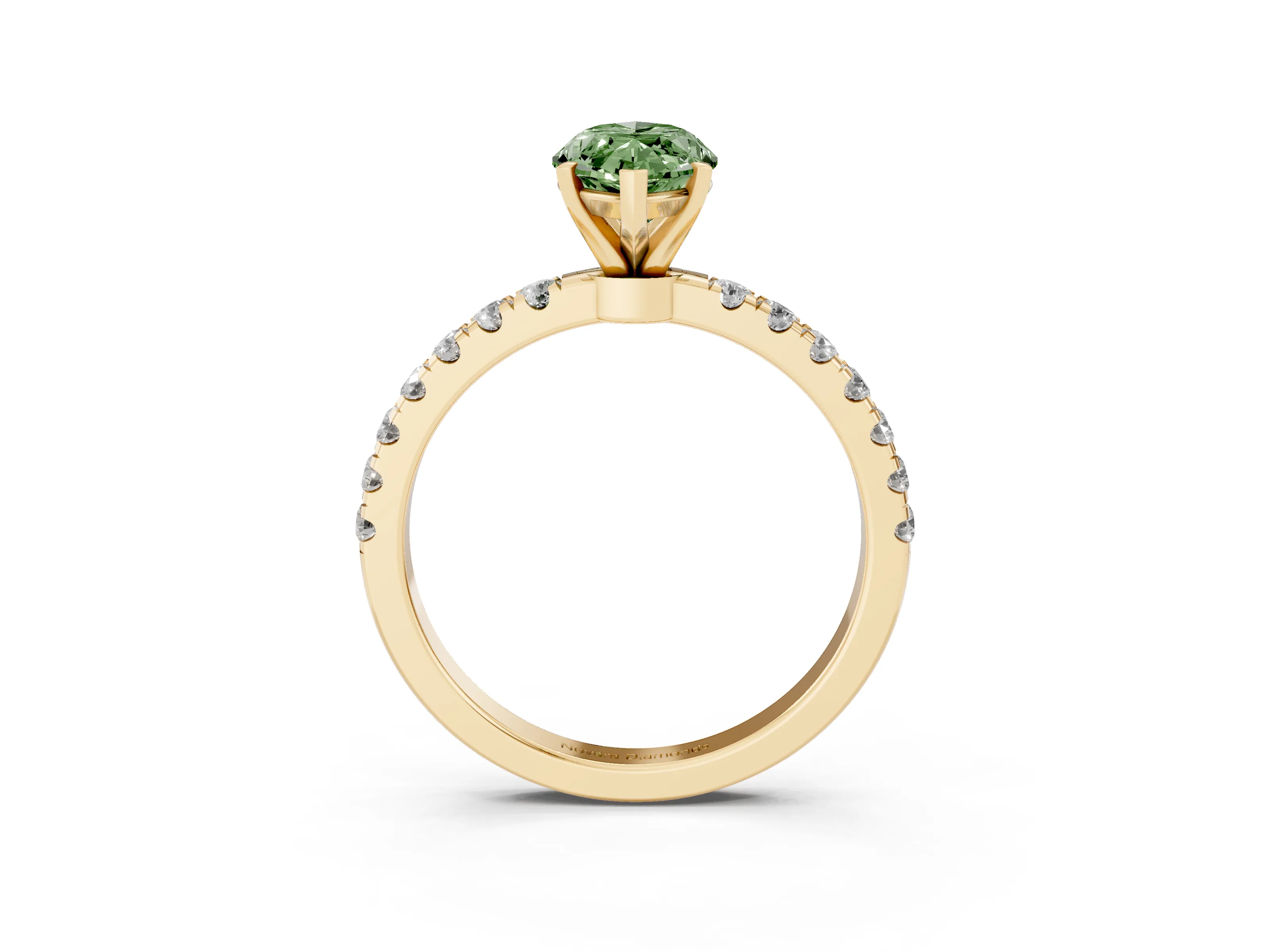 Fancy Green Marquise Cut Diamond Solitaire Ring Set in Yellow gold with Pavé Accents and Prong Setting