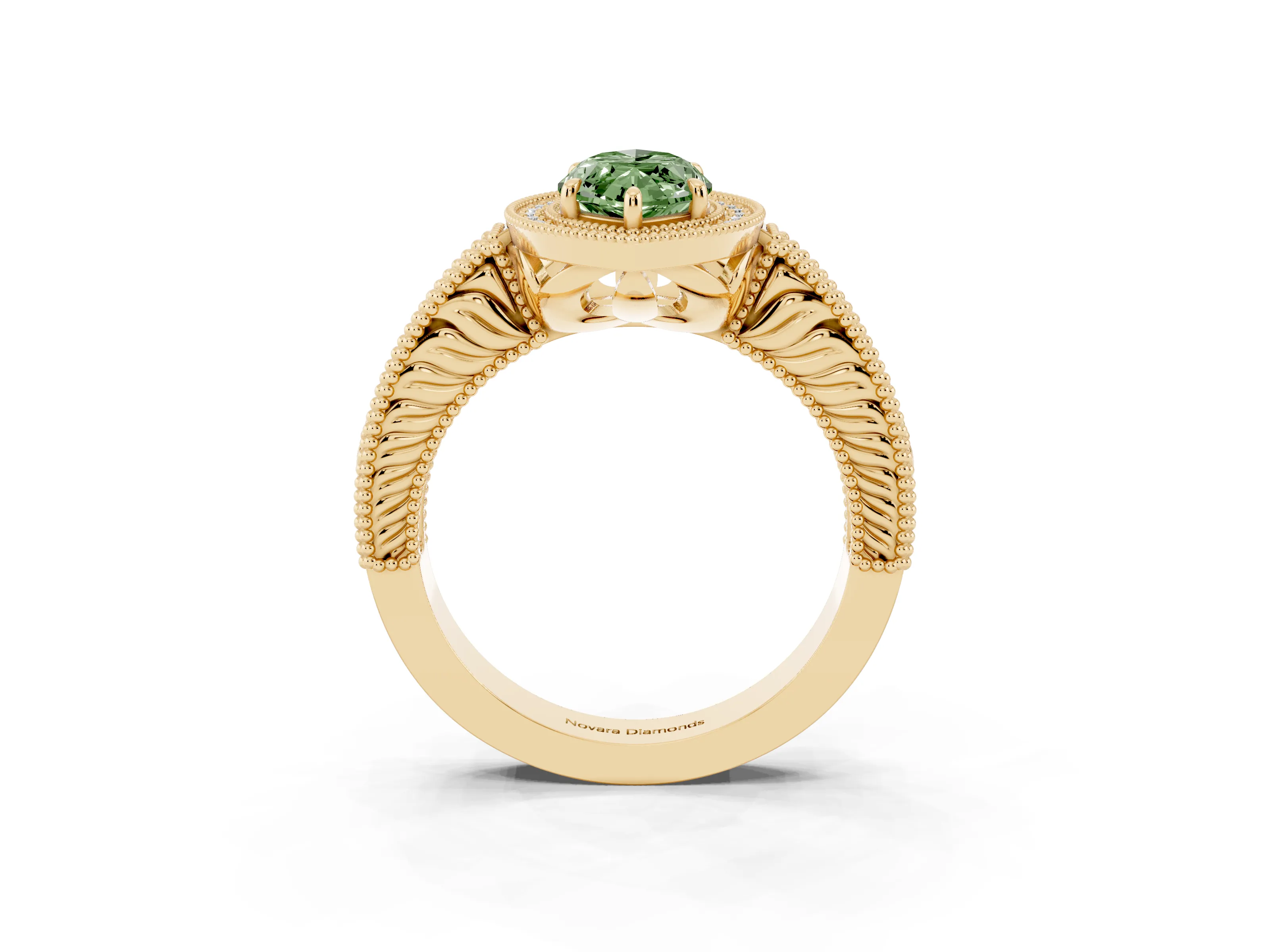 Fancy Green Marquise Cut Diamond Halo Ring Set in Yellow gold with Round Accent Halo, Pavé Band and Prong Setting