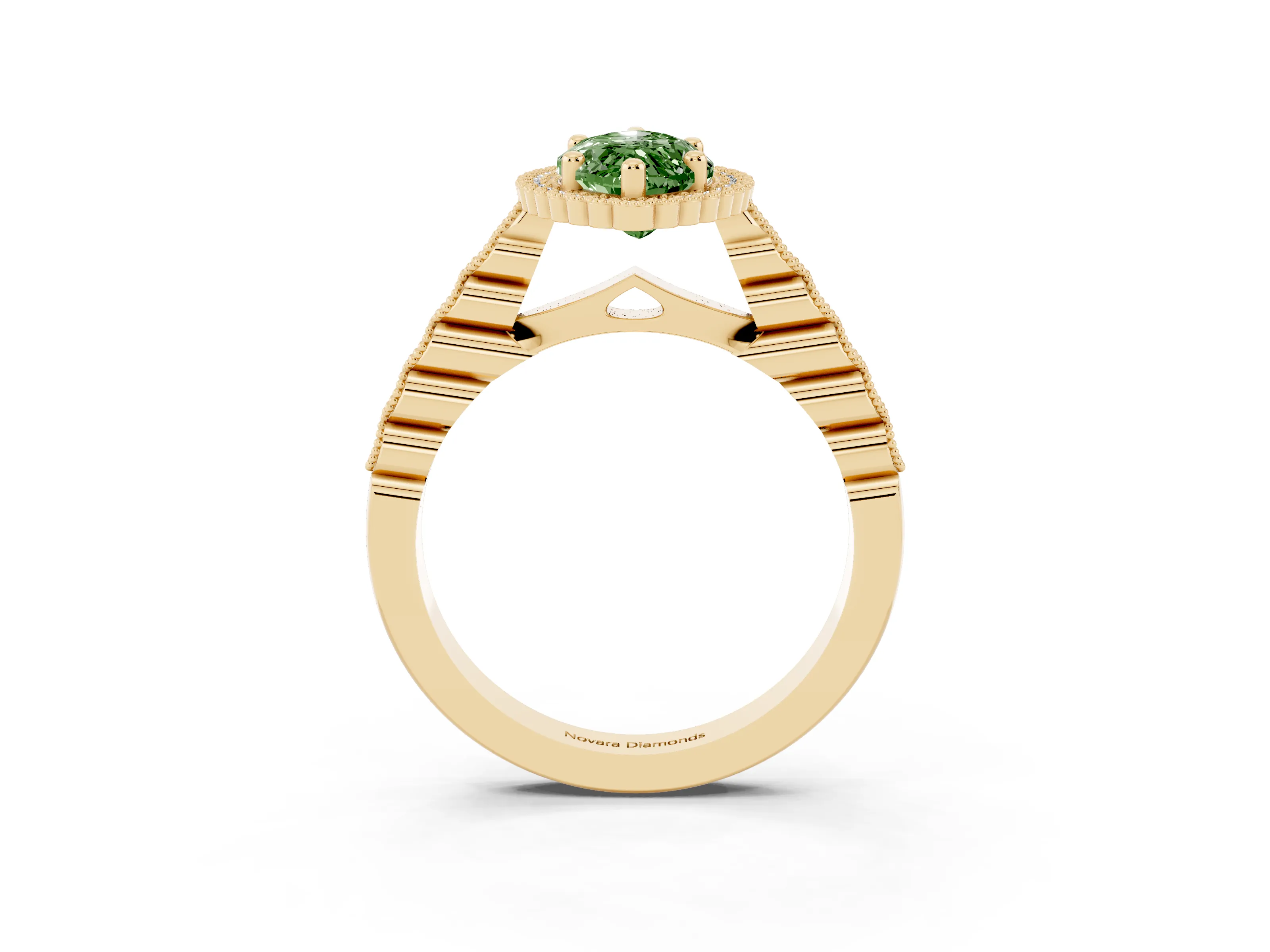 Fancy Green Marquise Cut Diamond Halo Ring Set in Yellow gold with Pavé Milgrain Band