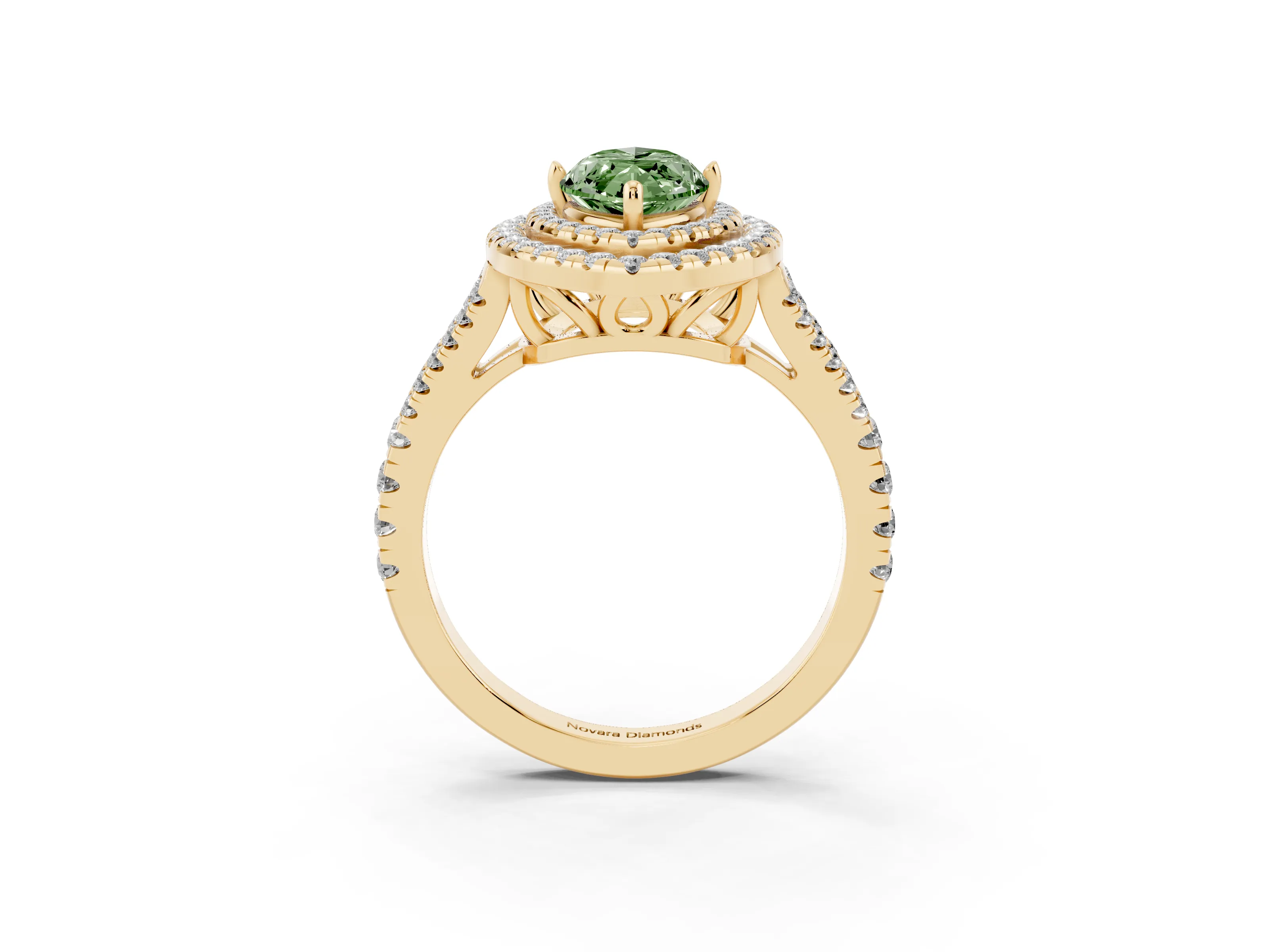 Fancy Green Marquise Cut Diamond Double Halo Ring Set in Yellow gold with Pavé Band