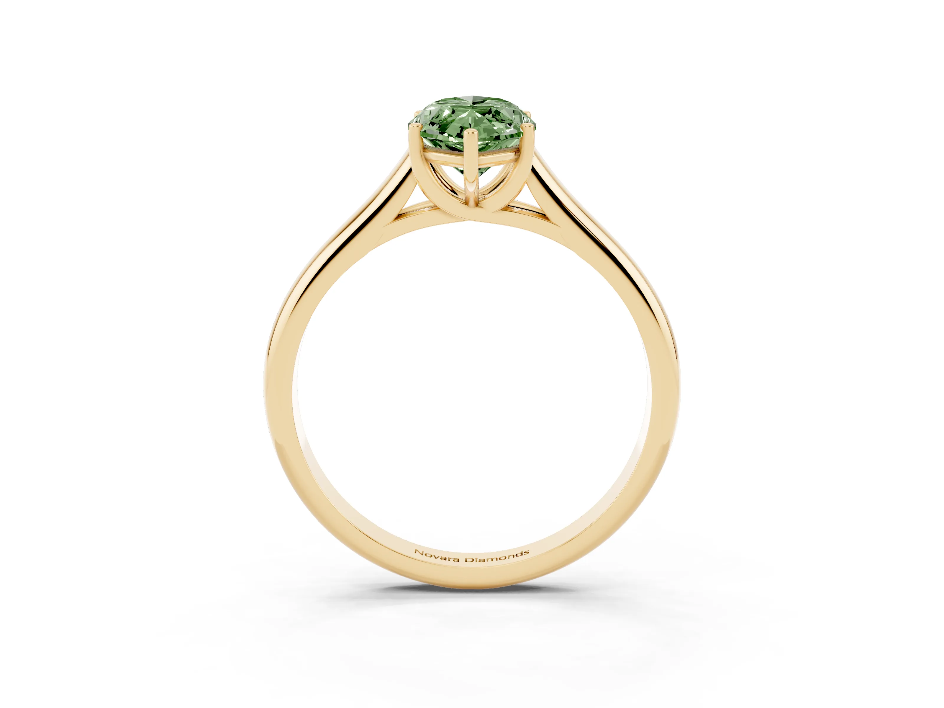 Fancy Green Marquise Cut Diamond Solitaire Engagement Ring Set in Yellow gold with Subtly Tapered Band and Prong Setting