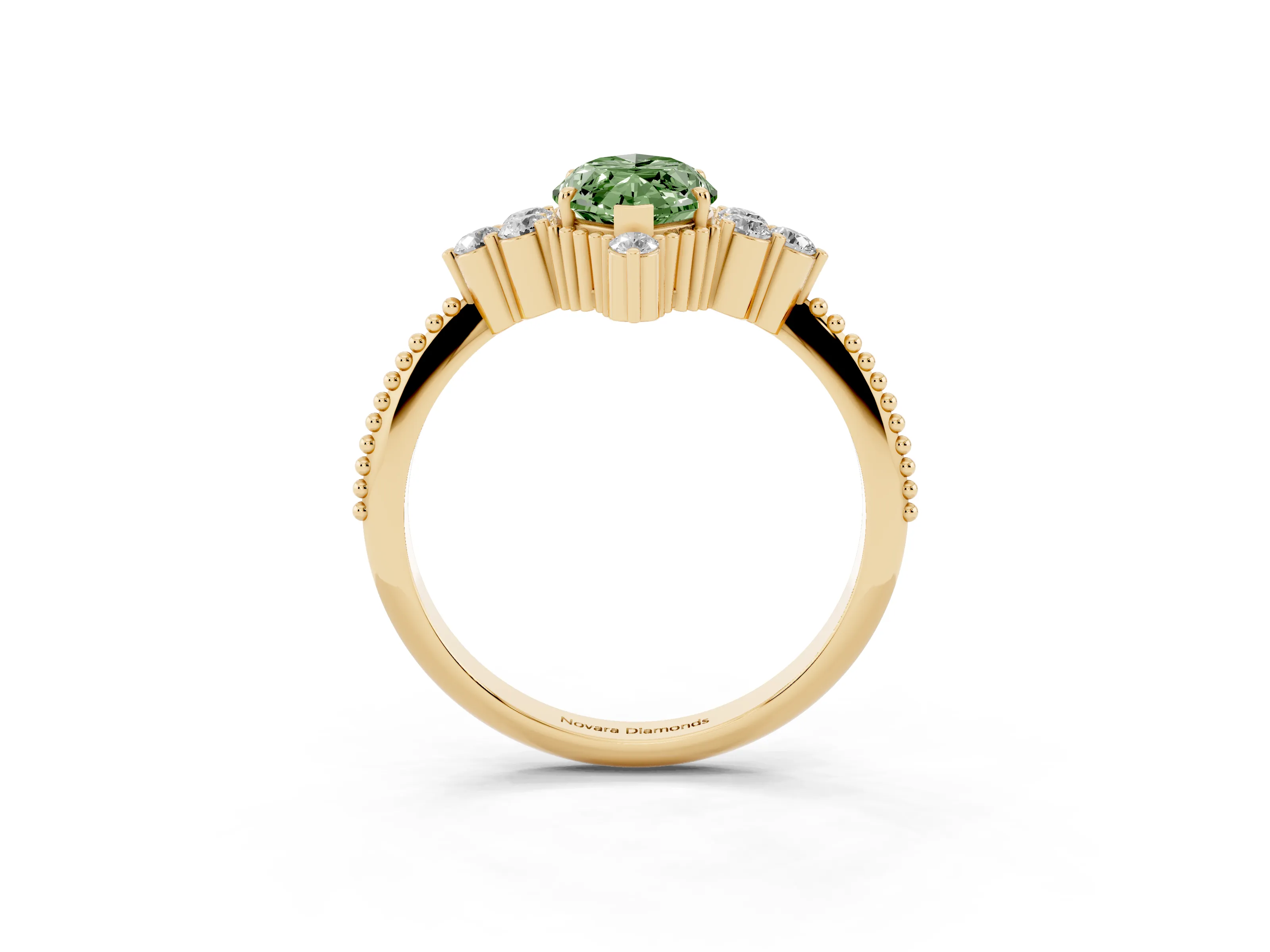 Fancy Green Marquise Cut Diamond Cluster Ring Set in Yellow gold with Beaded Band