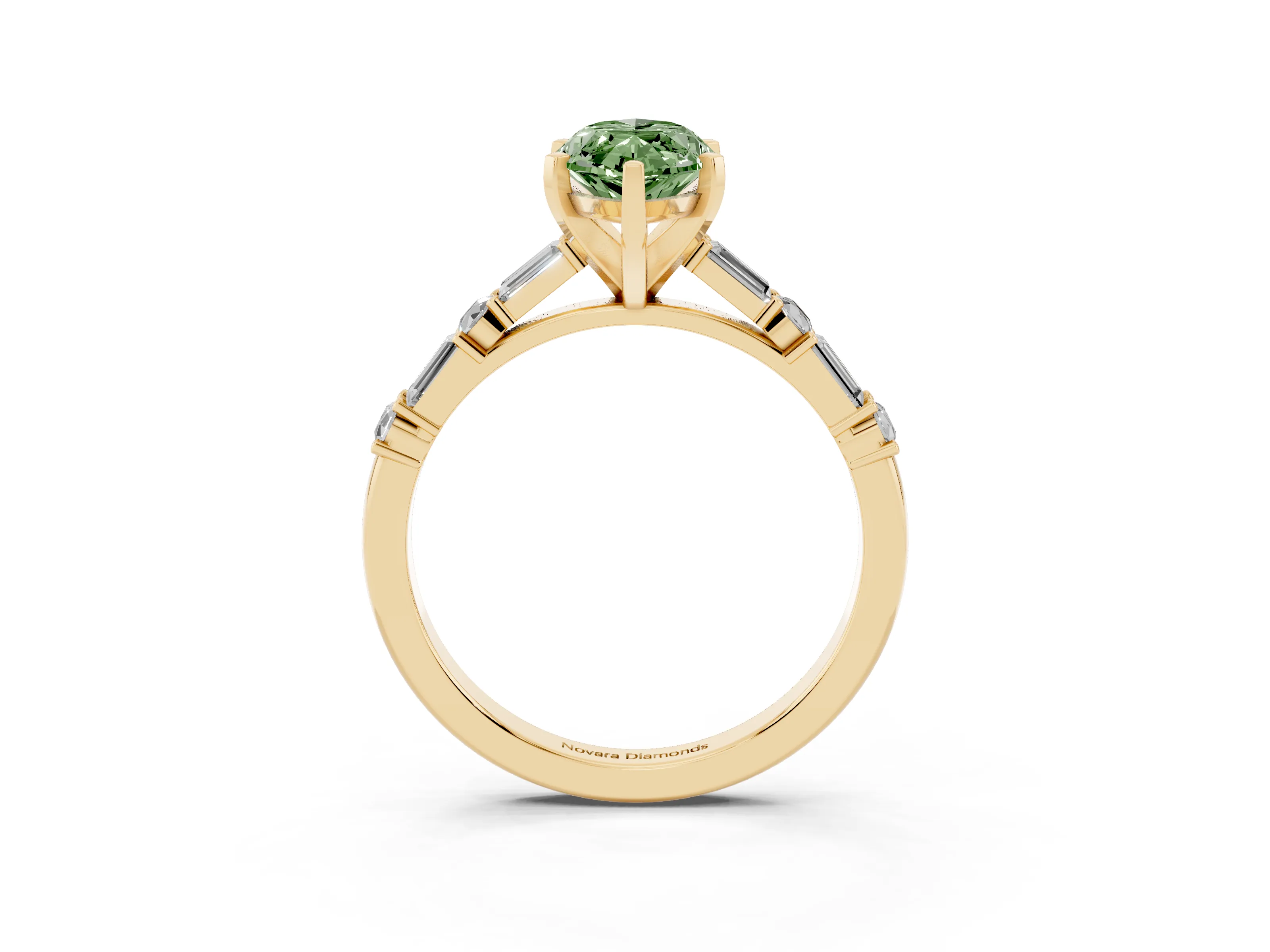 Fancy Green Marquise Cut Diamond Solitaire Set in Yellow gold with Side Baguettes and Channel Set Band