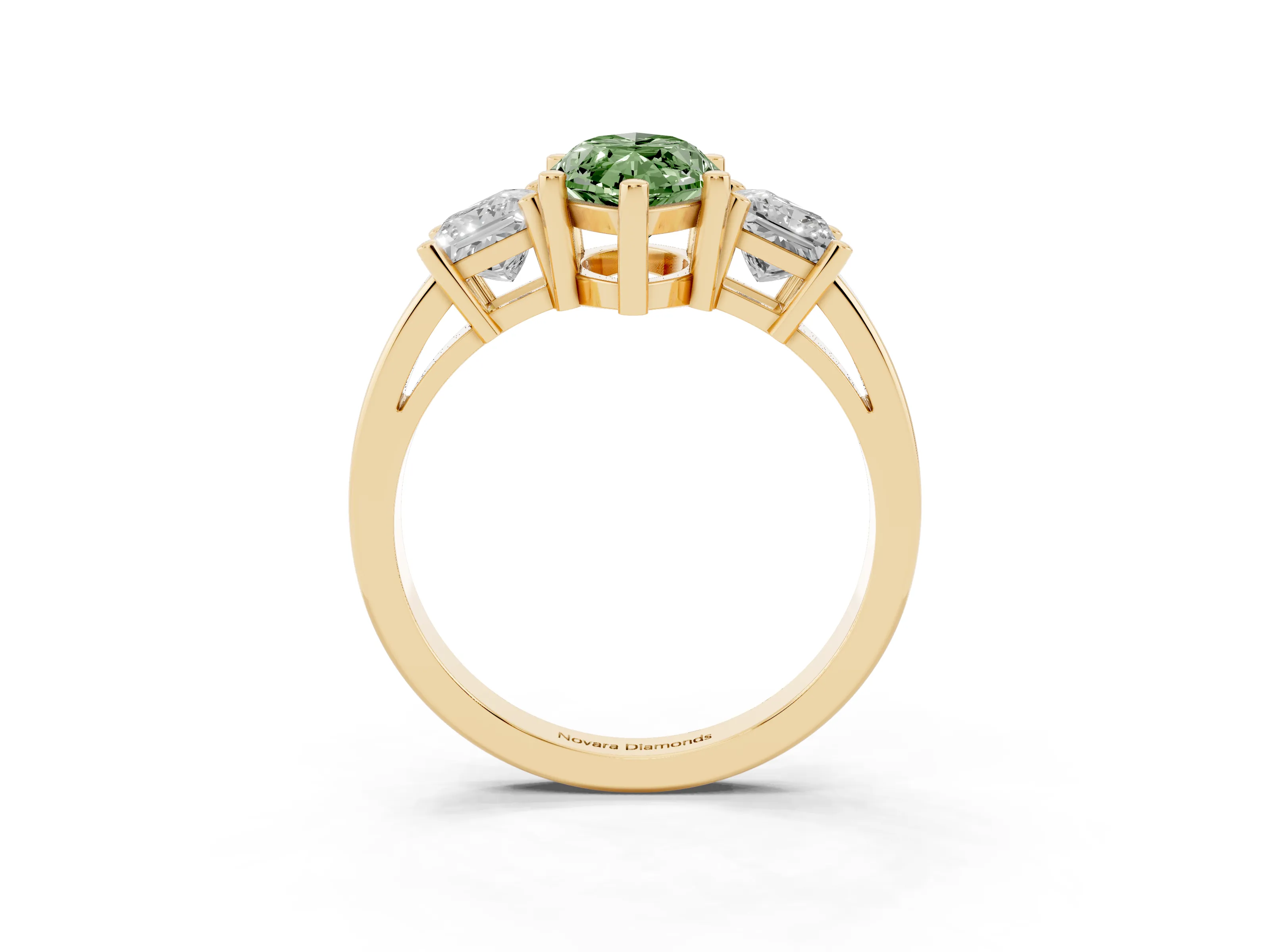 Fancy Green Three-Stone Marquise Cut Diamond Solitaire Ring Set in Yellow gold with Prong Setting