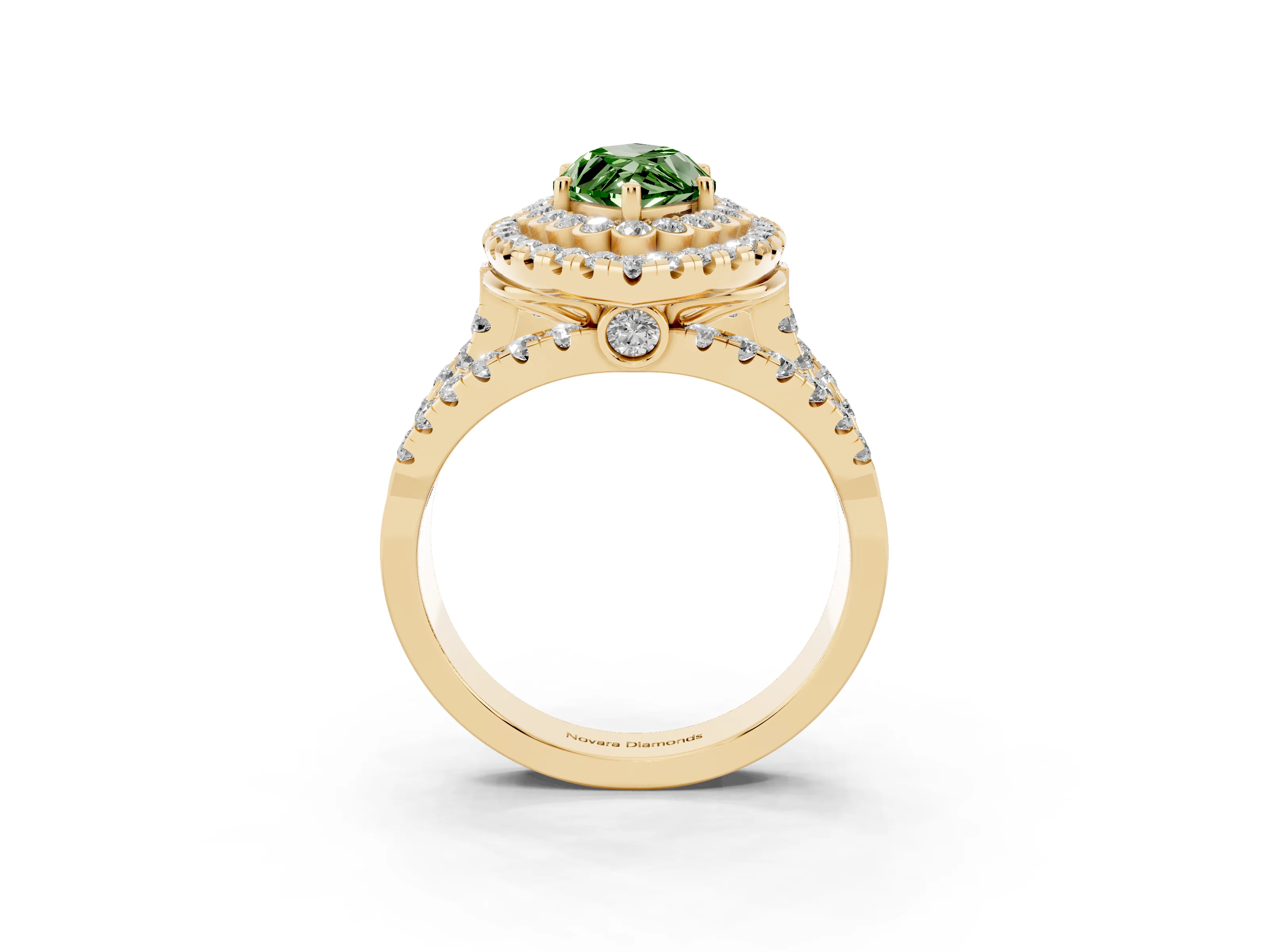 Fancy Green Marquise Cut Diamond Double Halo Ring Set in Yellow gold with Round Pavé Split Shank