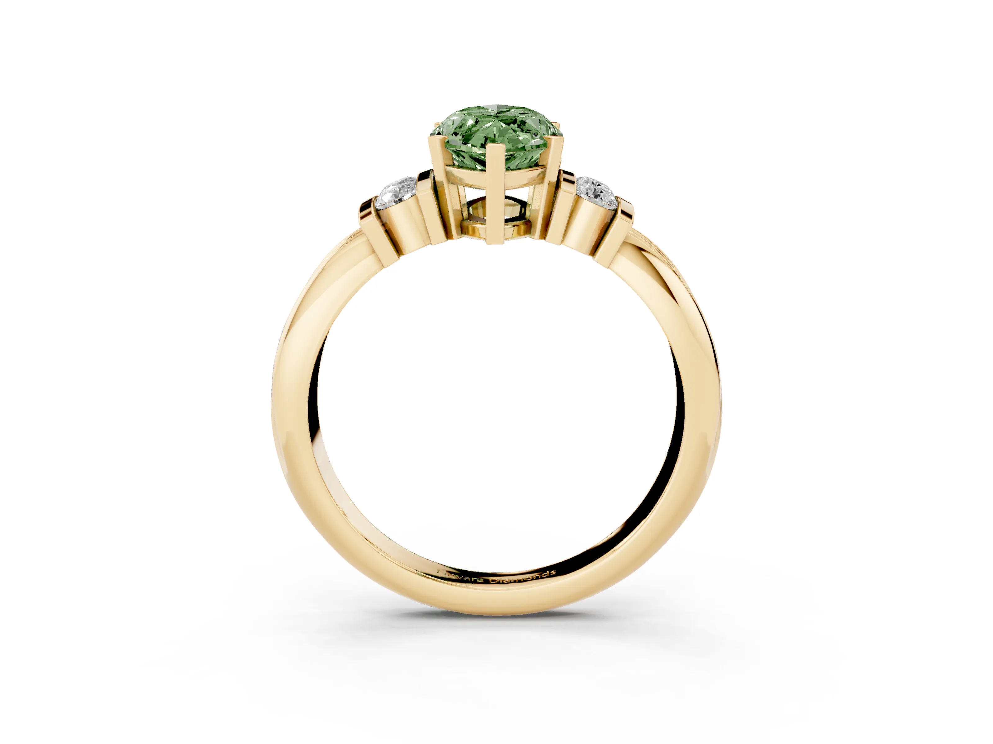Fancy Green Three-Stone Marquise Cut Diamond Channel Set Ring Set in Yellow gold with Bar Prongs