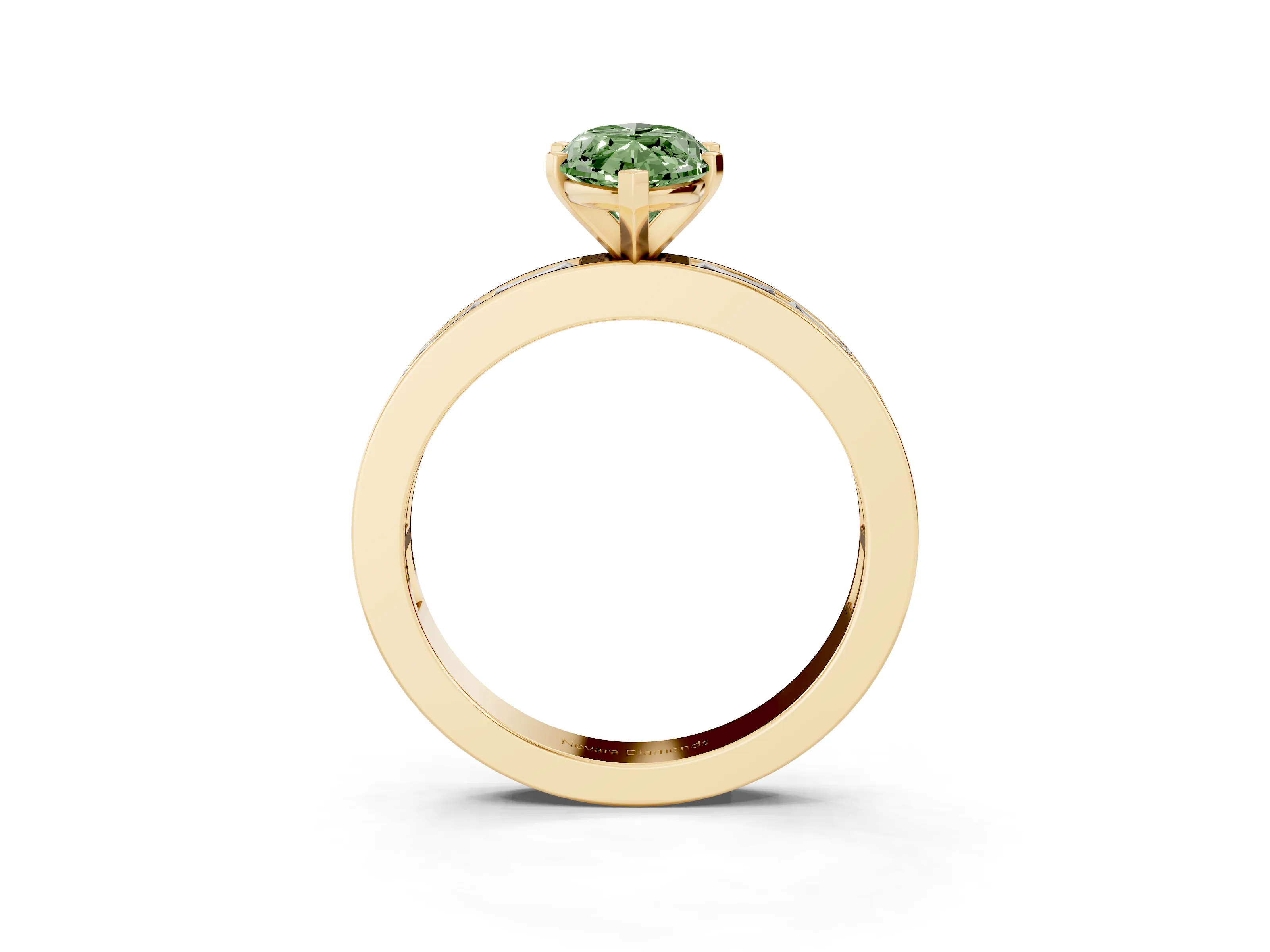 Fancy Green Marquise Cut Diamond Solitaire Ring Set in Yellow gold with Channel-Set Baguette Band and Prong Setting