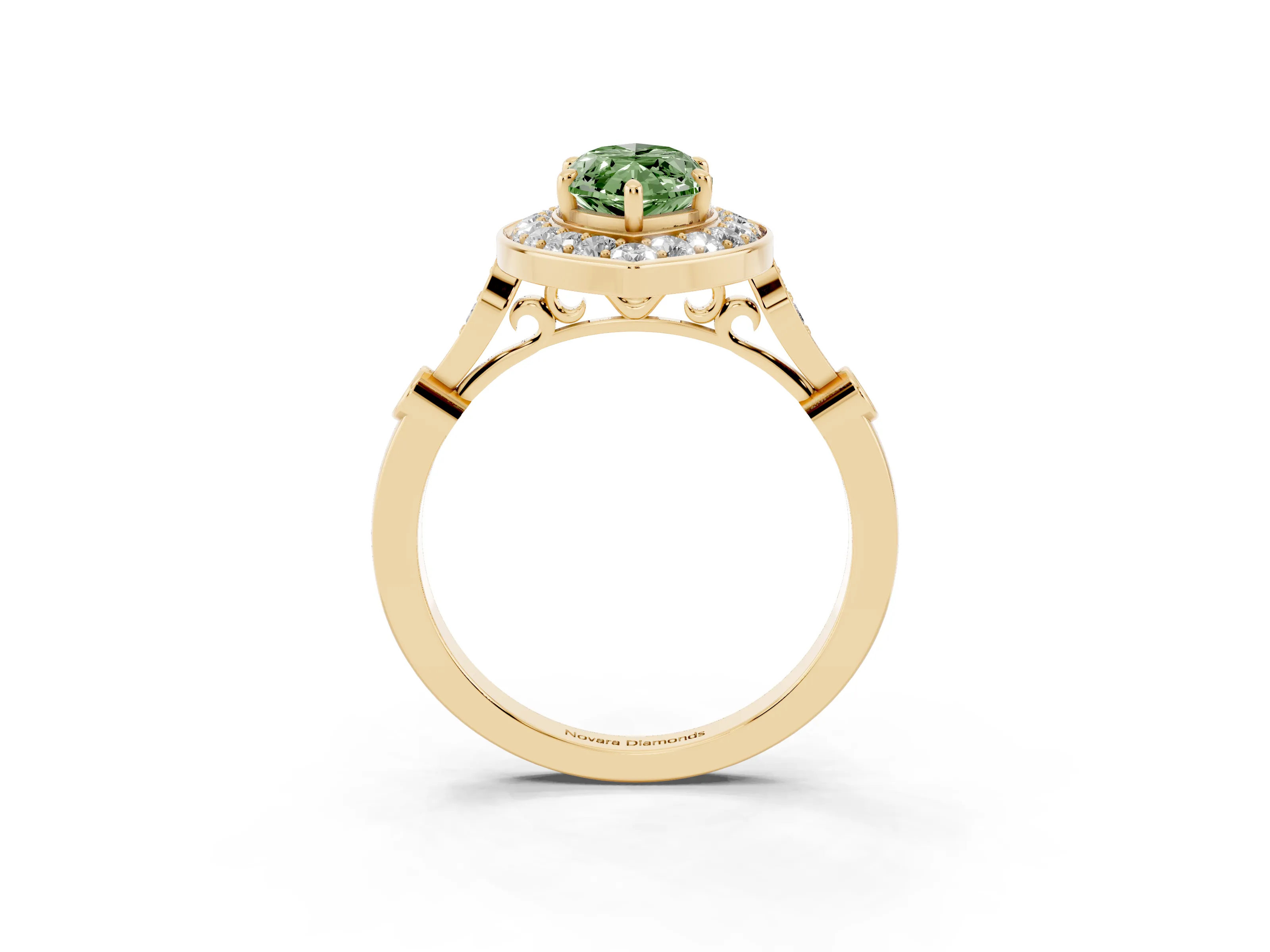 Fancy Green Marquise Cut Diamond Halo Engagement Ring Set in Yellow gold with Twisted Band and Prong Setting