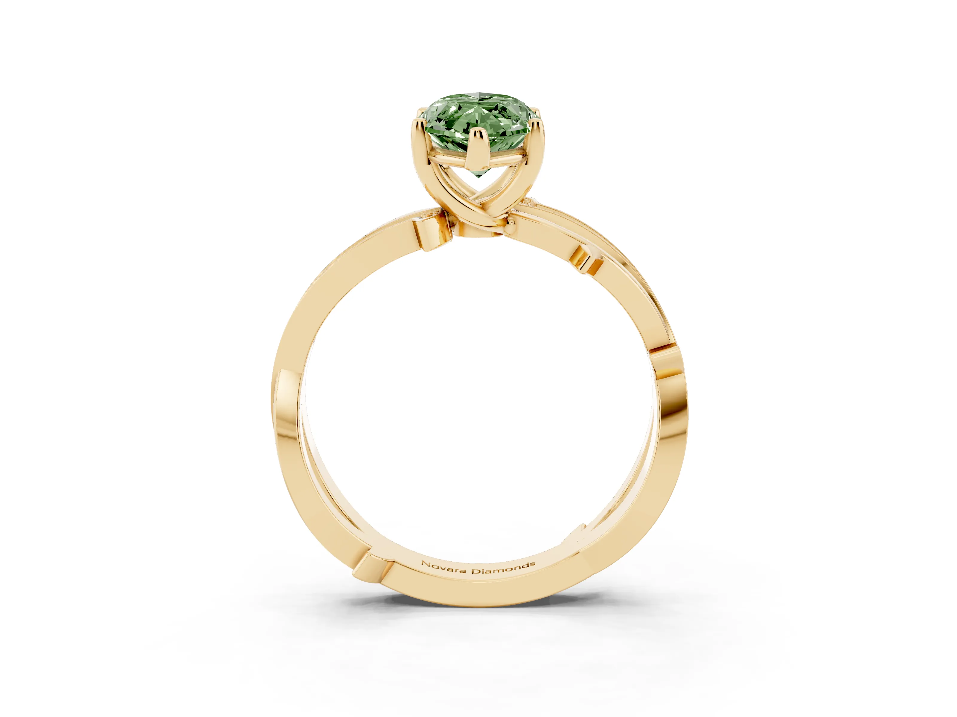 Fancy Green Marquise Cut Diamond Pavé Twist Band Solitaire Ring Set in Yellow gold with Prong Setting