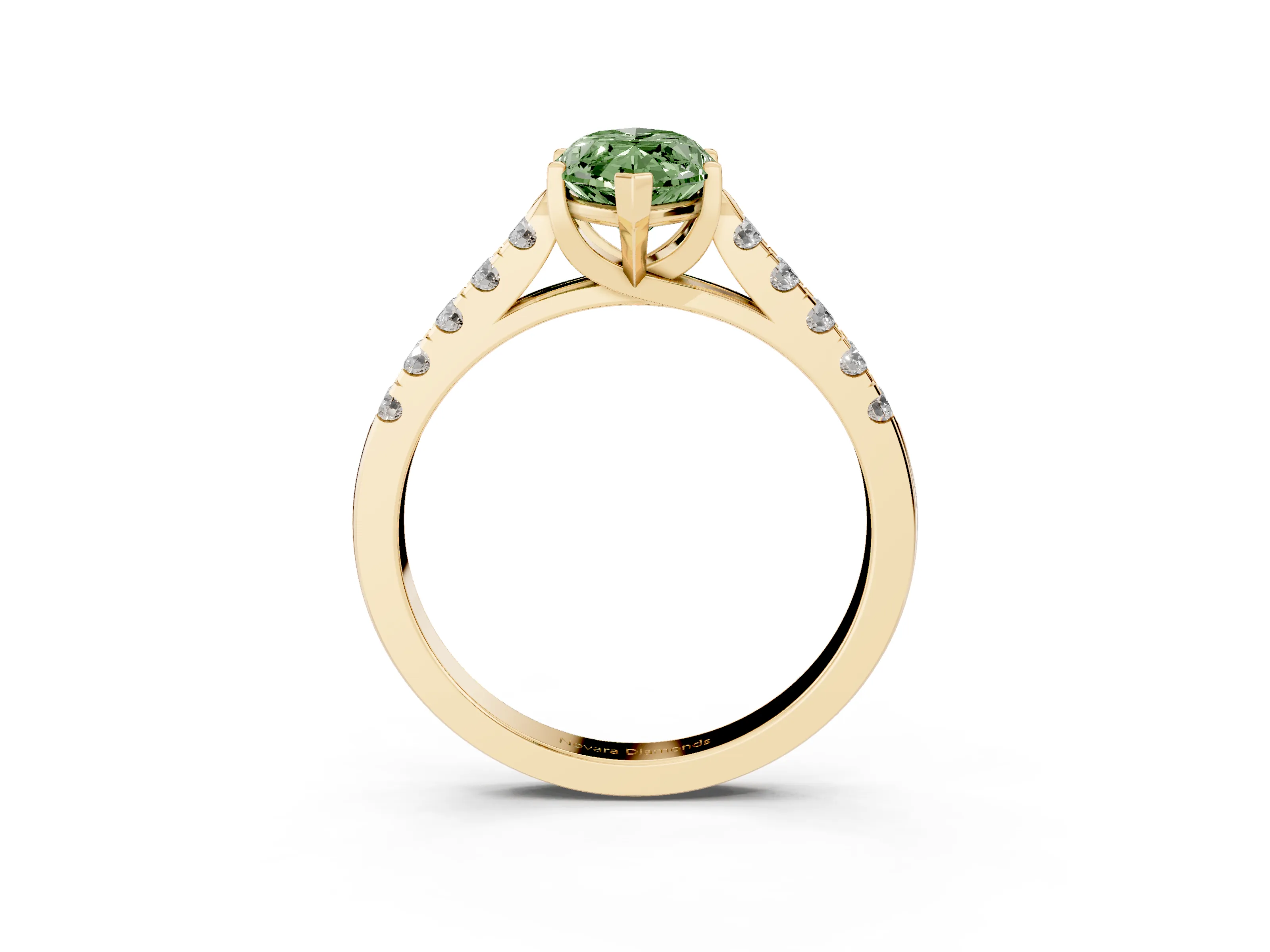 Fancy Green Marquise Cut Diamond Pavé Band Solitaire Ring Set in Yellow gold with Partway Accent Stones and Prong Setting