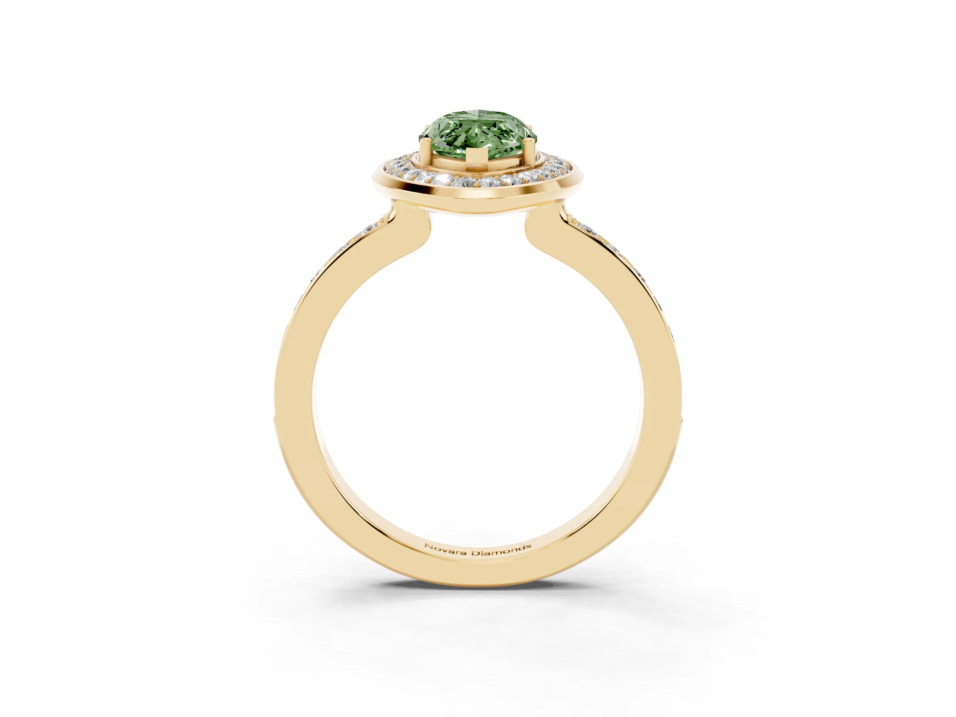 Fancy Green Marquise Cut Diamond Halo Ring Set in Yellow gold with Bezel Frame and Pavé Band
