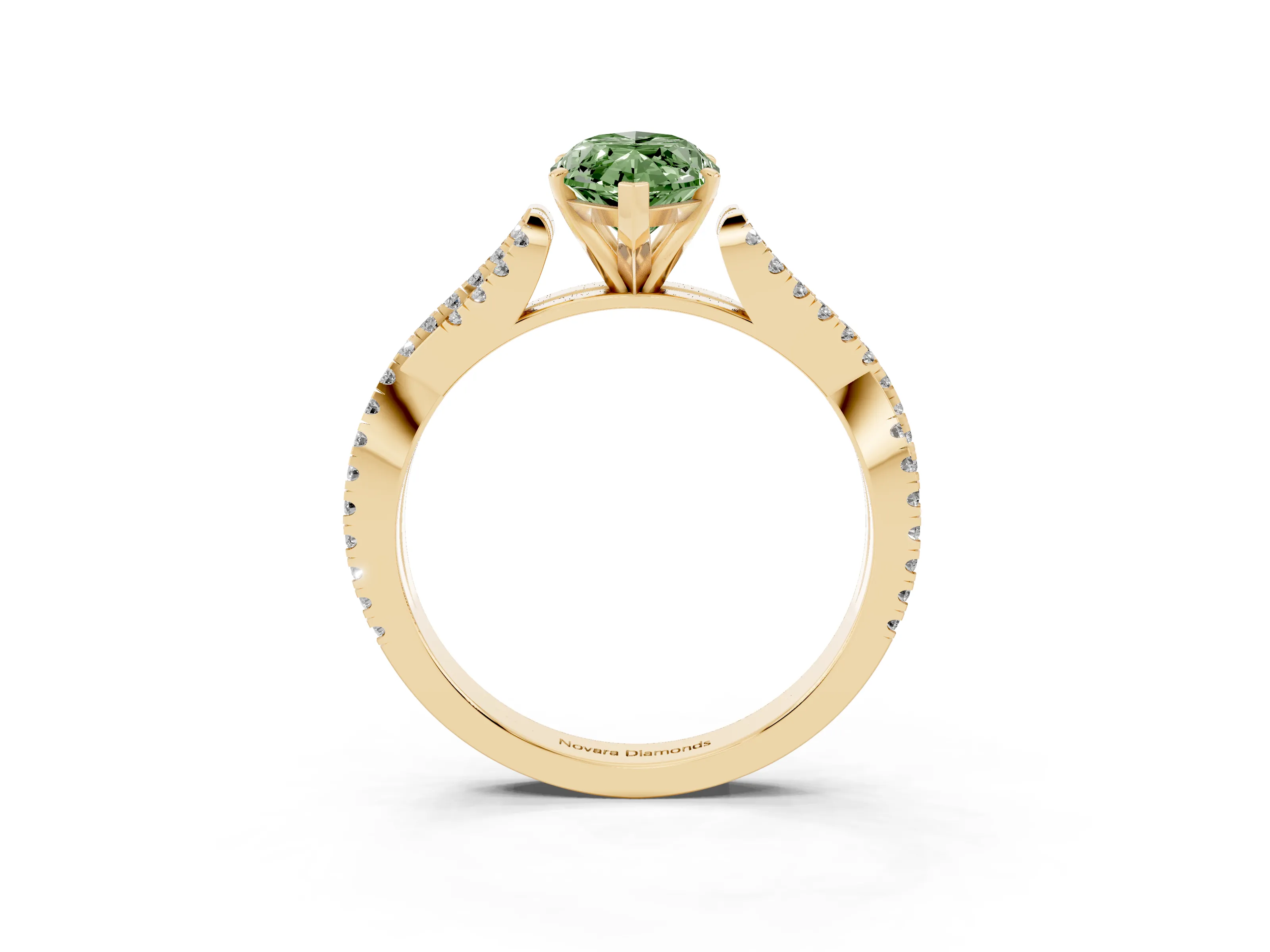 Fancy Green Marquise Cut Diamond Solitaire Engagement Ring Set in Yellow gold with Twisted Pavé Band and Prong Setting