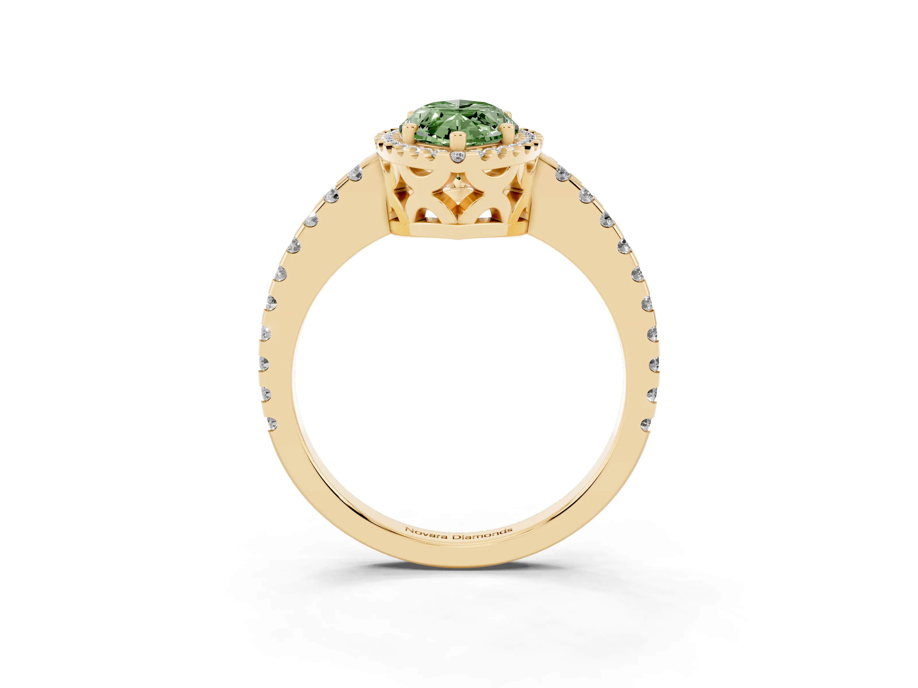 Fancy Green Marquise Cut Diamond Halo Ring Set in Yellow gold with Pavé Shoulders and Halo-Framed Center