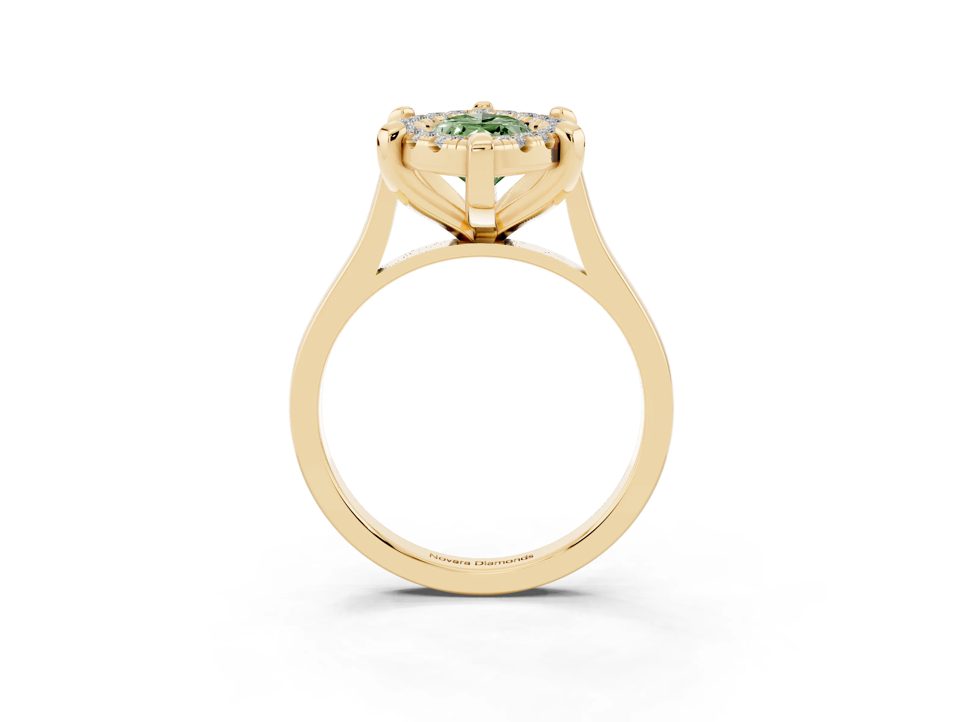 Fancy Green Marquise Cut Diamond Cluster Halo Solitaire Ring Set in Yellow gold with Prong Setting