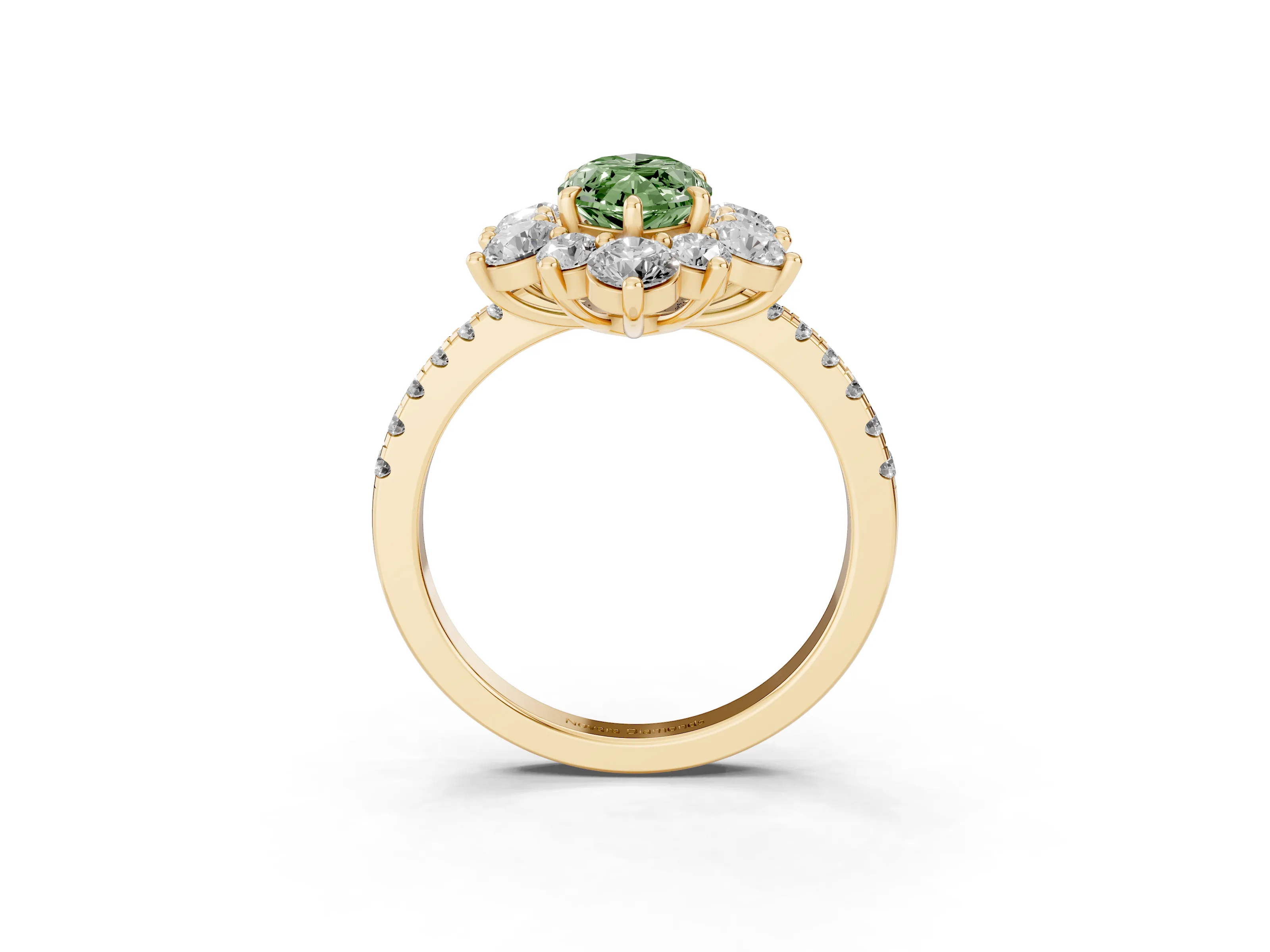 Fancy Green Marquise Cut Diamond Floral Halo Ring Set in Yellow gold with Round Pavé Band and Prong Setting