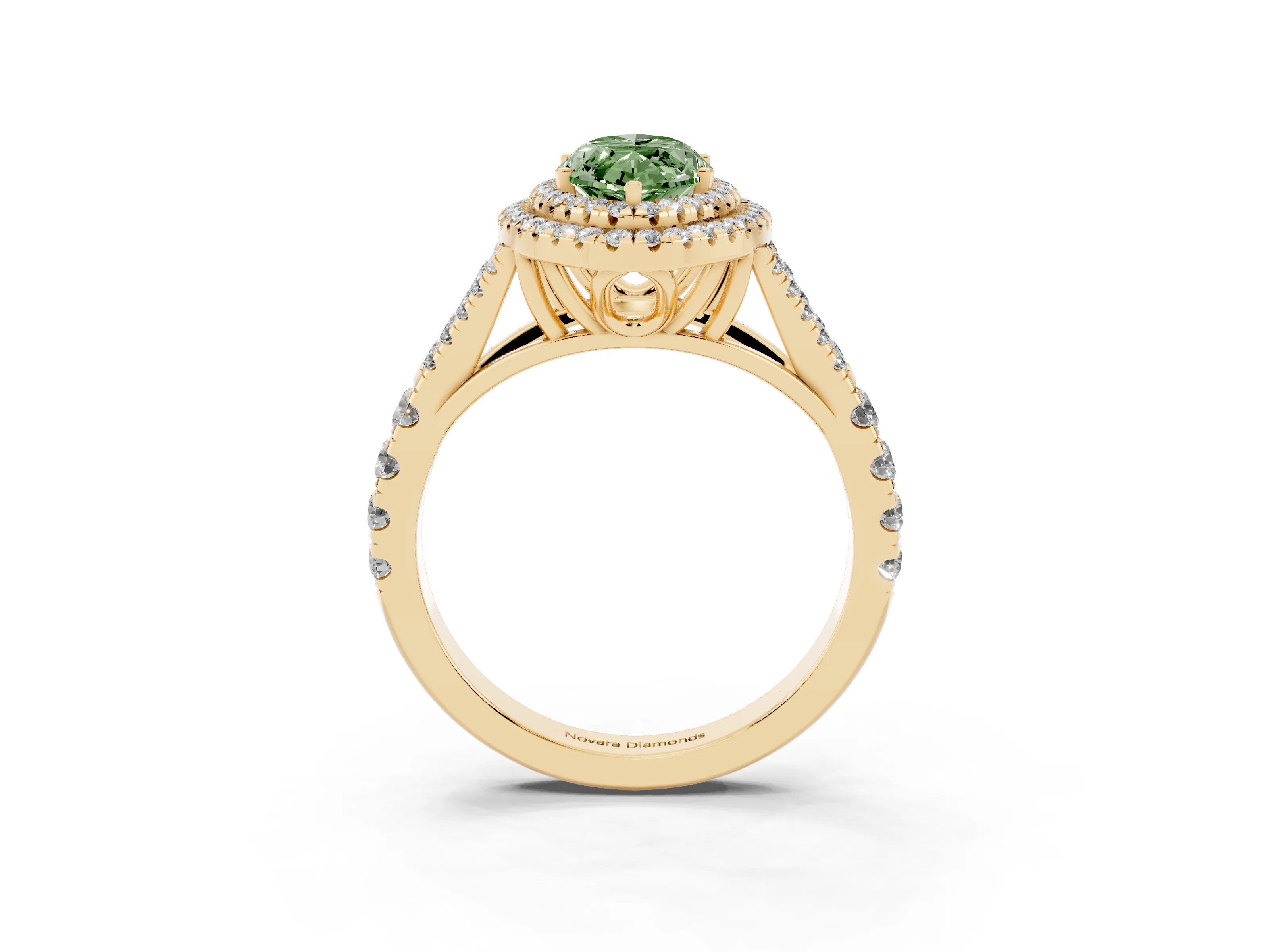 Fancy Green Marquise Cut Diamond Pavé Split Shank Double Halo Engagement Ring Set in Yellow gold