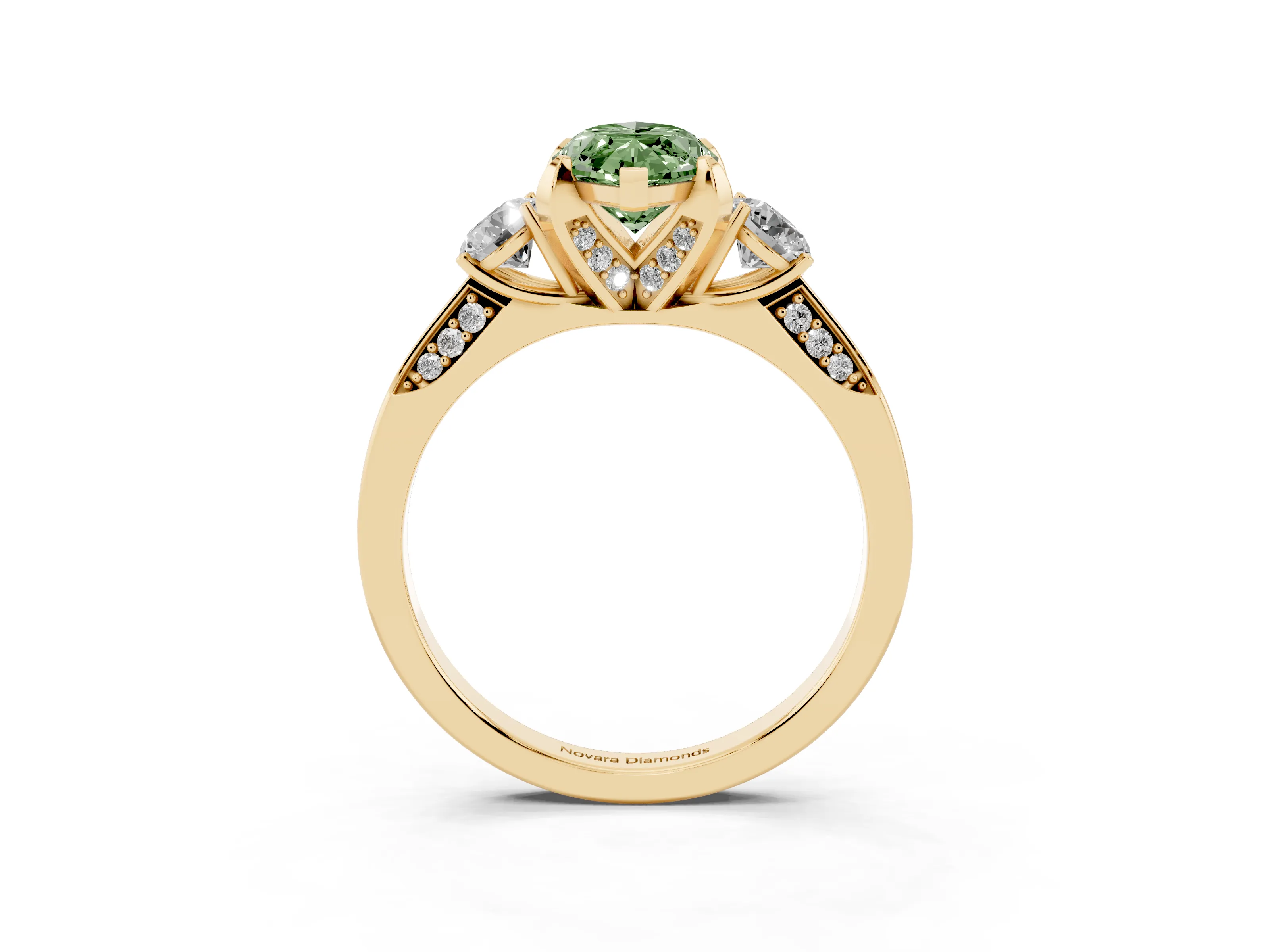 Fancy Green Marquise Cut Diamond Three-Stone Ring Set in Yellow gold with Pavé Band and Smaller Side Stones
